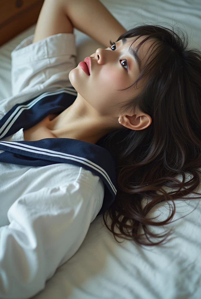 NSFW, (8k, RAW photo, best quality, masterpiece:1.2), ultra high res, (photo realistic:1.2), professional photograph, (Full Body Shot), looking at viewer, Japanese beautiful girl, cute, urban modern girl, 22 years old, brown eyes, brown hair, long hair, perfect body figure, flat chest, Highly Detailed Face and Skin Texture, Fine Eyes, Double Eyelids, Whitening Skin, (japanese school uniform:1.5), (lie face down in bed:1.7), Smile, in Japanese style room, Natural Light
