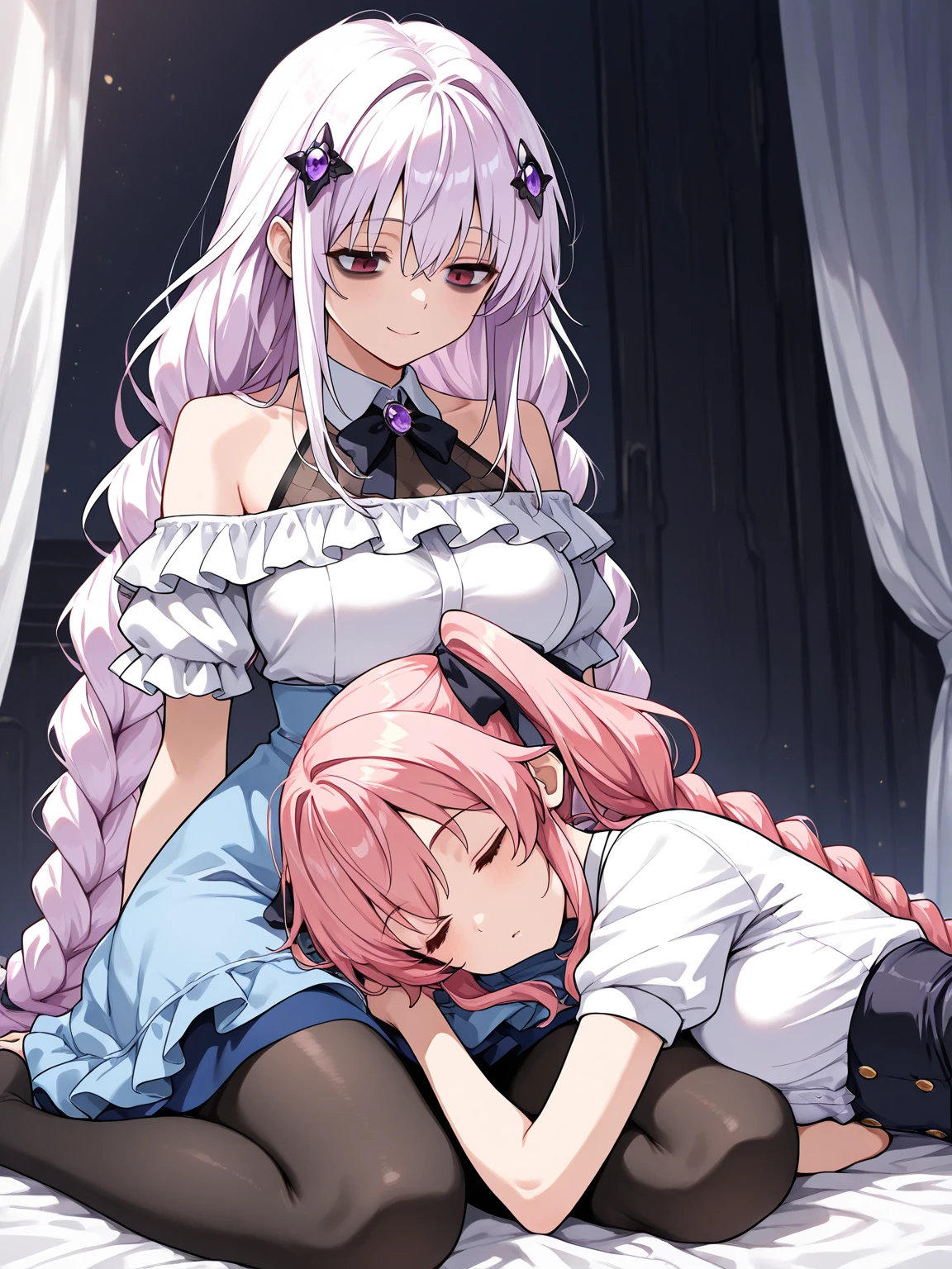 (Best Quality, Masterpiece),sexy,  erotic, 18+, nsfw, 1girl, 18 years old, Contempt, pride, long silver hair, ((sleeping)), ((closed eyes)), ((two ponytails)), white dress