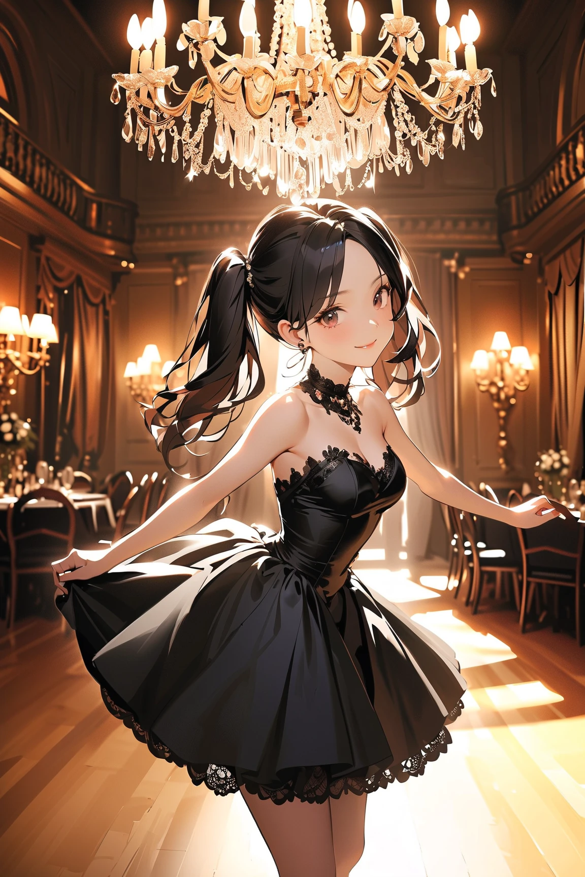 an adult girl, She has two pigtails falling over her shoulders, decorated with black ribbons, SHE HAS BLONDE HAIR, blue eyes and a very elegant and very long black dress for a gala dinner with a cut that allows her to show her leg, wears beautiful evening makeup, along with another adult and taller girl, Has loose black hair with straight bangs, black eyes and dressed in a stunning red ball gown, dancing together in the middle of a gala dinner, the intense red of the black-haired girl, stand out from the crowd 