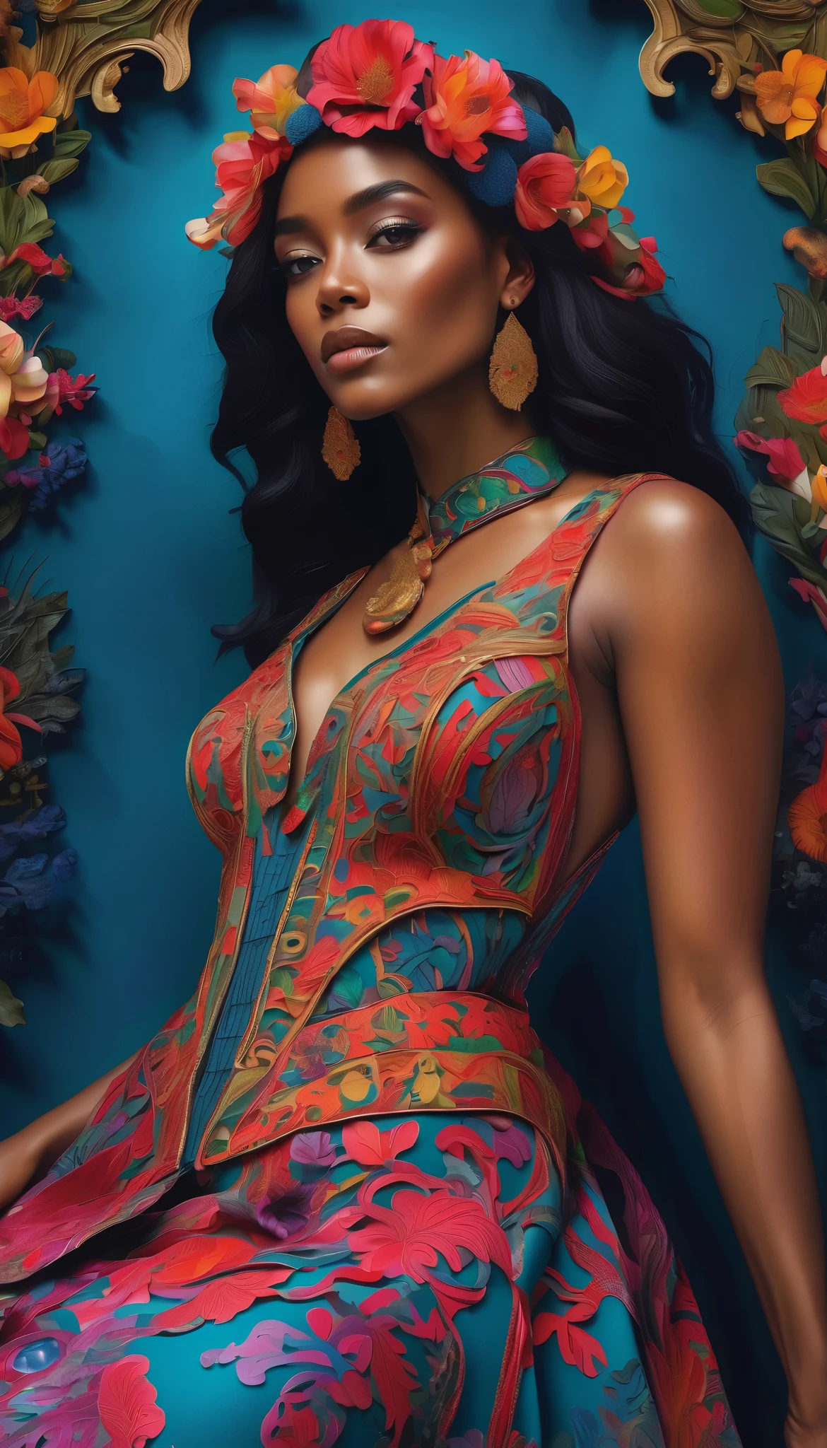 a dress in style of maximalism, intricate and ornate dress with elaborate patterns, textures and colors, detailed facial features, dramatic pose, lush floral background, opulent materials, shimmering embellishments, high quality, ultra-detailed,4K,photorealistic,studio lighting,extreme detail,vivid colors,vibrant palette