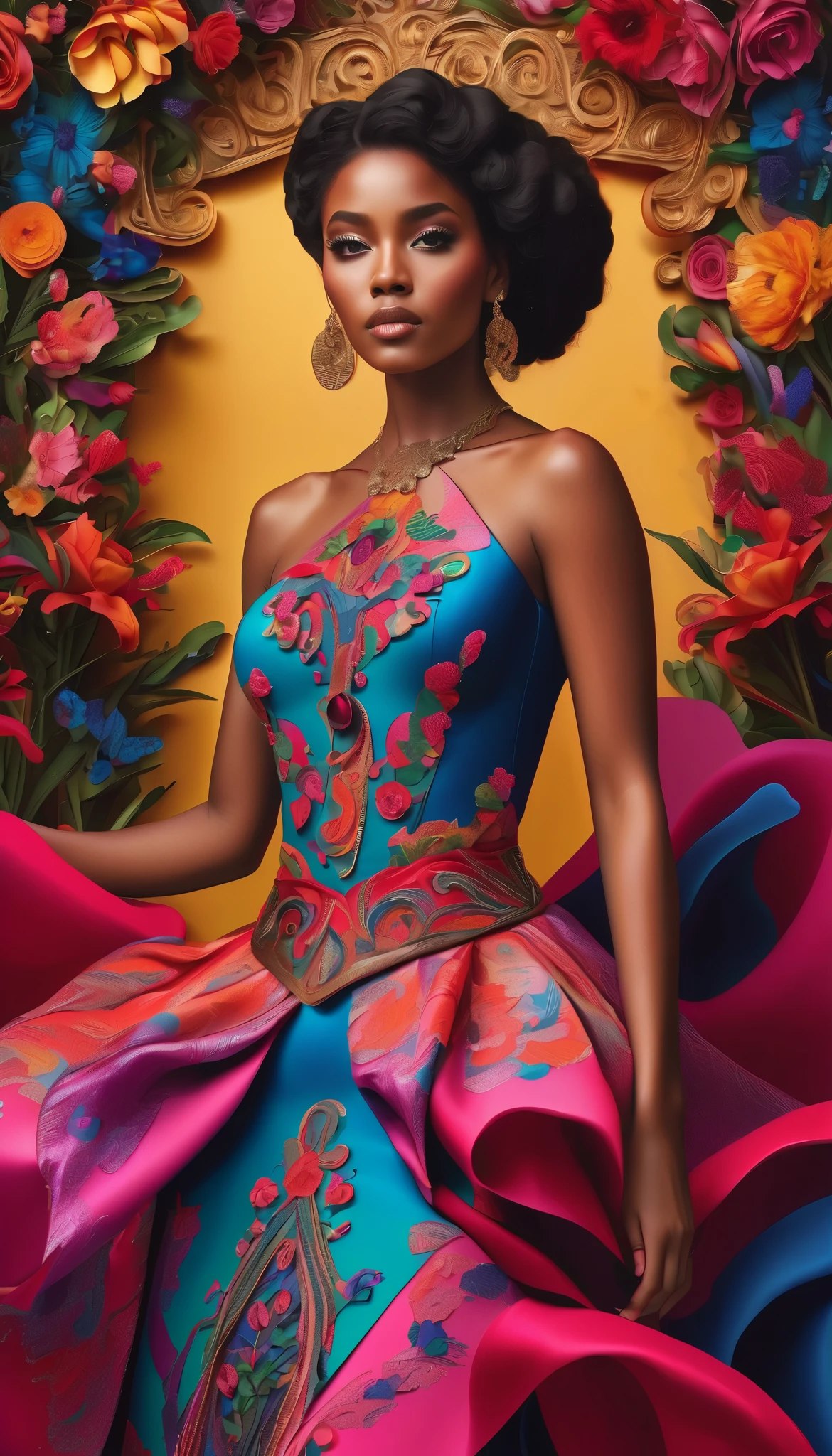 a dress in style of maximalism, intricate and ornate dress with elaborate patterns, textures and colors, detailed facial features, dramatic pose, lush floral background, opulent materials, shimmering embellishments, high quality, ultra-detailed,4K,photorealistic,studio lighting,extreme detail,vivid colors,vibrant palette