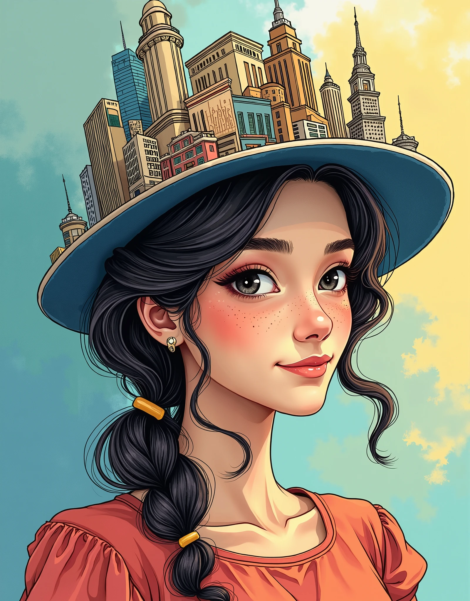 full color, coloring book, unique, hand-drawn, sketched, images that have a city on a hat that a young beautiful lady is wearing --ar 3:4