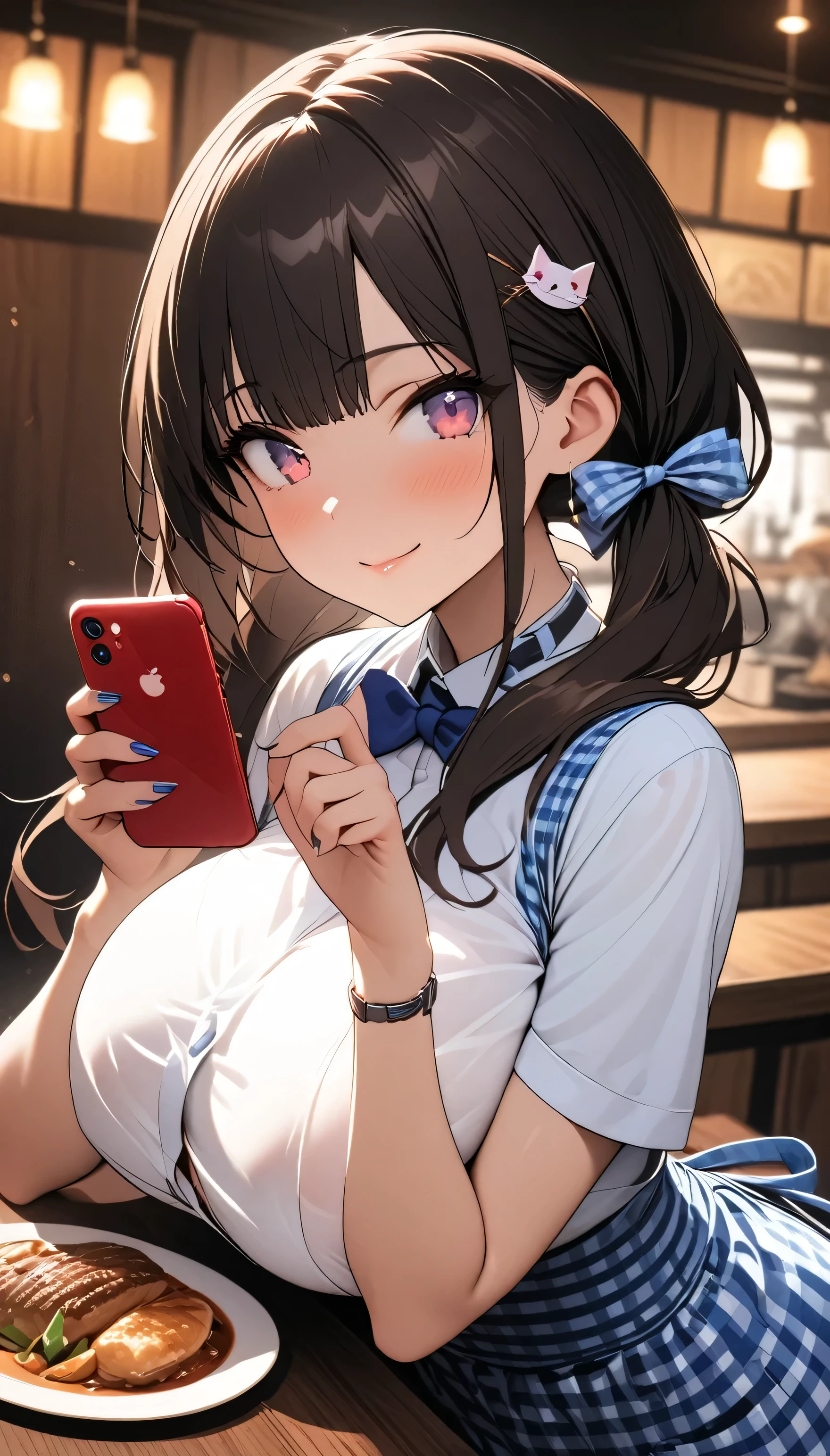 (Beauty: 1.3),one person,masterpiece, Highest quality, Ultra-high resolution,rich contrast,super high quality,8k,Highly detailed CG unit wallpaper,texture,Unbelievably absurd,Ultra-high resolution,RAW Photos,Depth of Field 1.2,crew, blue bow, blue bowtie, white shirt, short sleeves, blue skirt, Blue apron, gingham apron, employee uniform, high-waist skirt, waitress,(Brown Hair,low twintails),(Perfect hands, Perfect Anatomy),Glowing Skin,Cute cat hairpin,restaurant,Beautiful glossy lips,(Large Breasts:1.8),kobeya uniform,big smile,closed mouth, from below,(Rear View:1.5),x-ray phone, x-ray vision, smartphone, pov hands, holding phone,
