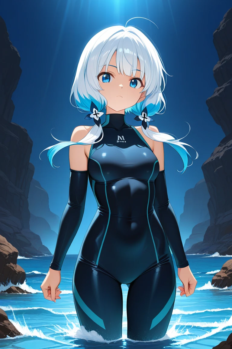 woman in professional swimming suit with short twilight alice hair