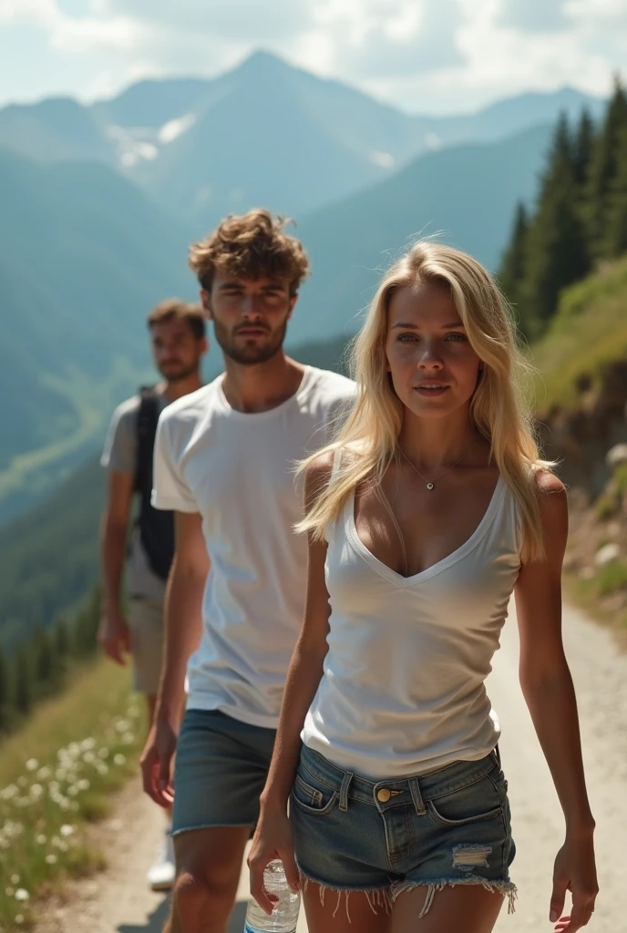woman in a white tank top and blue shorts walking with a group of men, runs away from men on the forest, attractive girl, in front of a forest background, outdoors, hiking clothes, college students, in forest, in woods, absolutely, very attractive, with a backpack, in a forest, a group of men, enjoying a stroll in the forest, sweaty, weat shirt