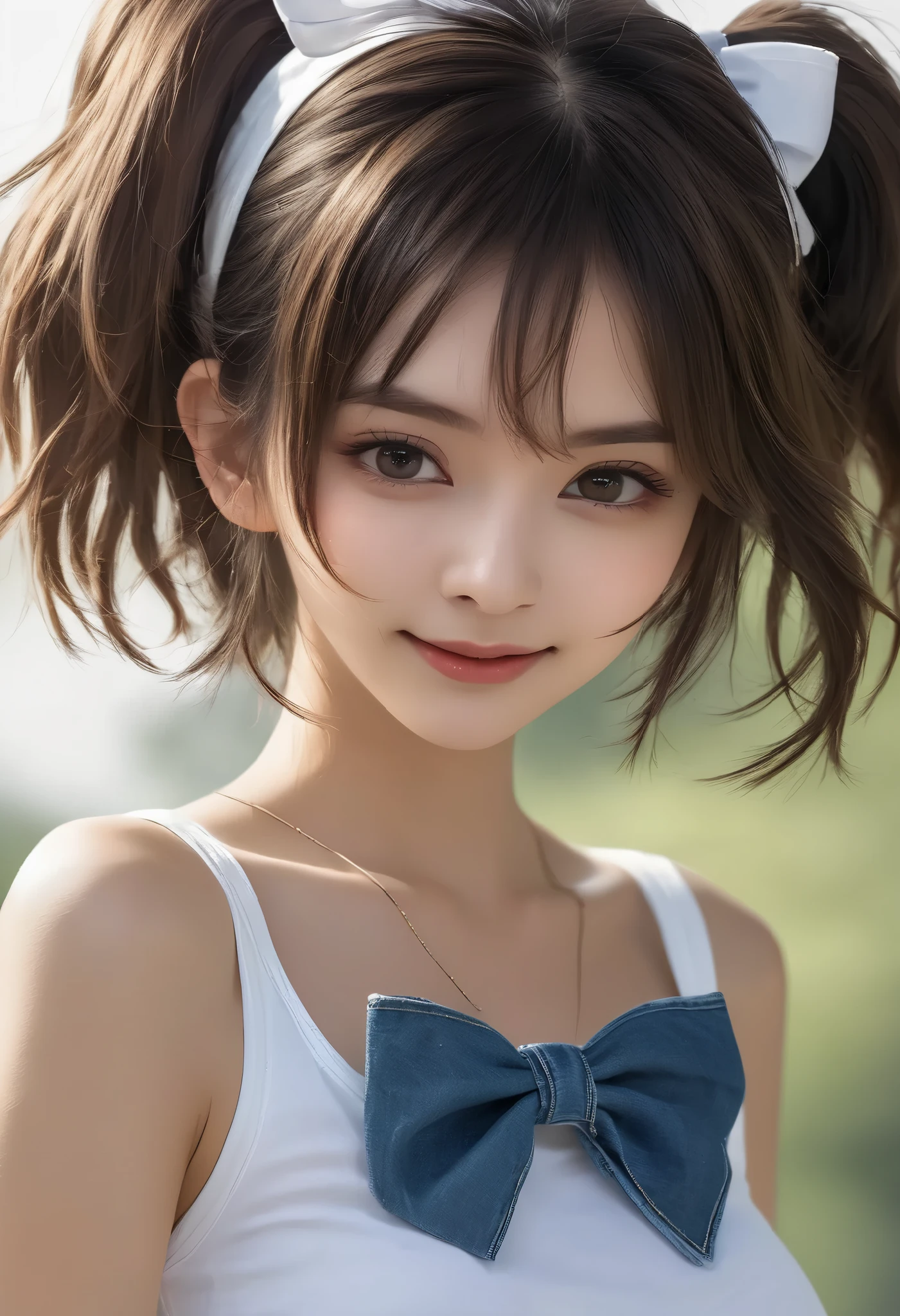 score_9,score_8_ up,score_7_ up, ultra detail, absolute resolution, 32K,Masterpiece, best quality , Super High Definition's beautiful face and eyes with attention to detail, beautiful girl with pubic hair, short hair, smile, (White Tank Top, Denim Shorts , bow tie, hair band:1.2), Small breasts, focus on the face, watching viewers , perfect hand, show armpit, Perfect Anatomy, camel toes, Venus Rift, cross your legs, squats, under view,