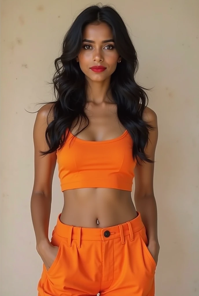 Charming-Indian-Mother-Poses-in-Croptop-and-Shorts-with-a-Playful-Smile