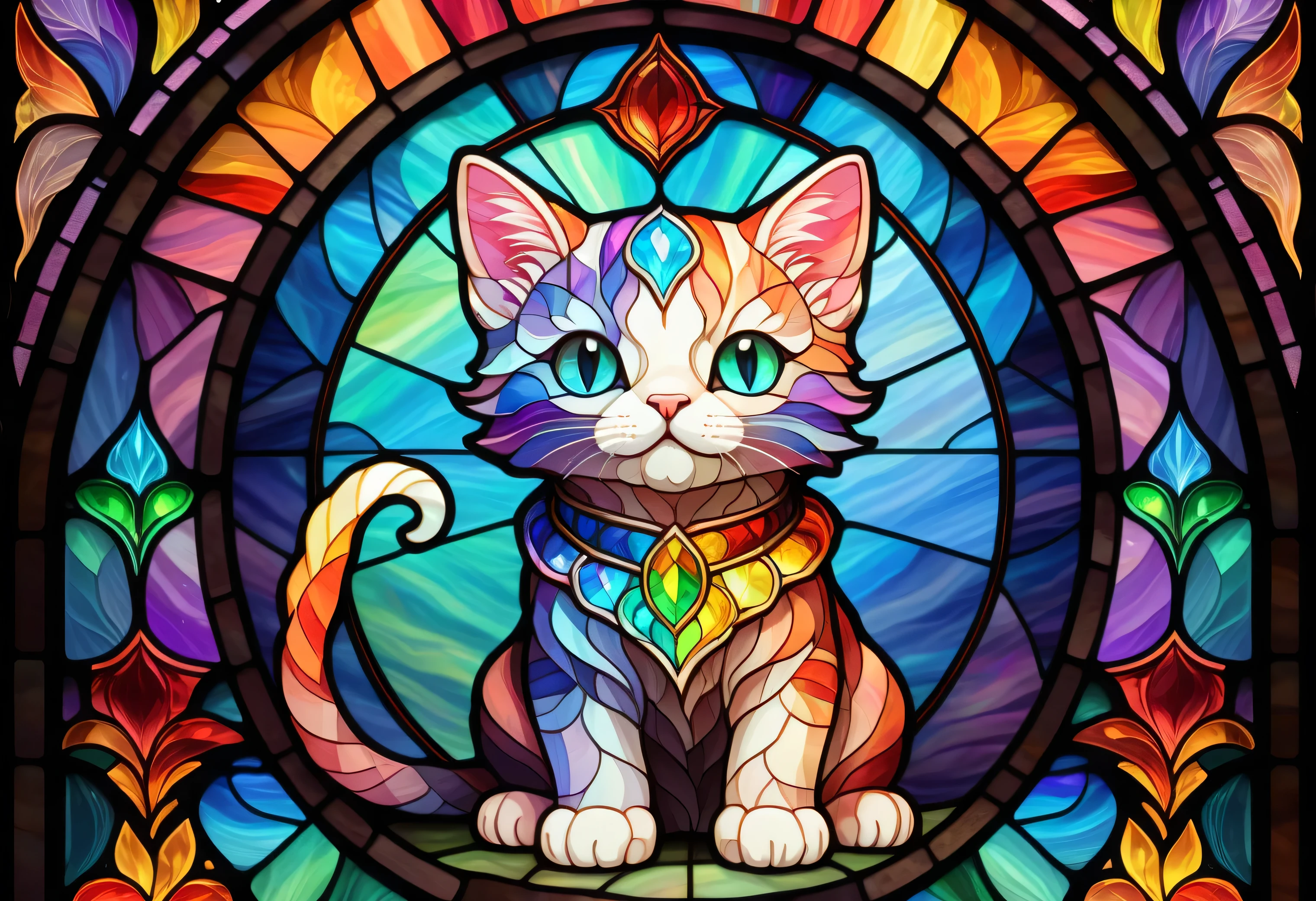 Cute cat,full body, rainbow color , 2D stained glass window, window frame in the stained glass style . Dungeons&dragon art . symmetrical design , stained glass style, pastel color scheme , nothing , top quality, very detailed ,