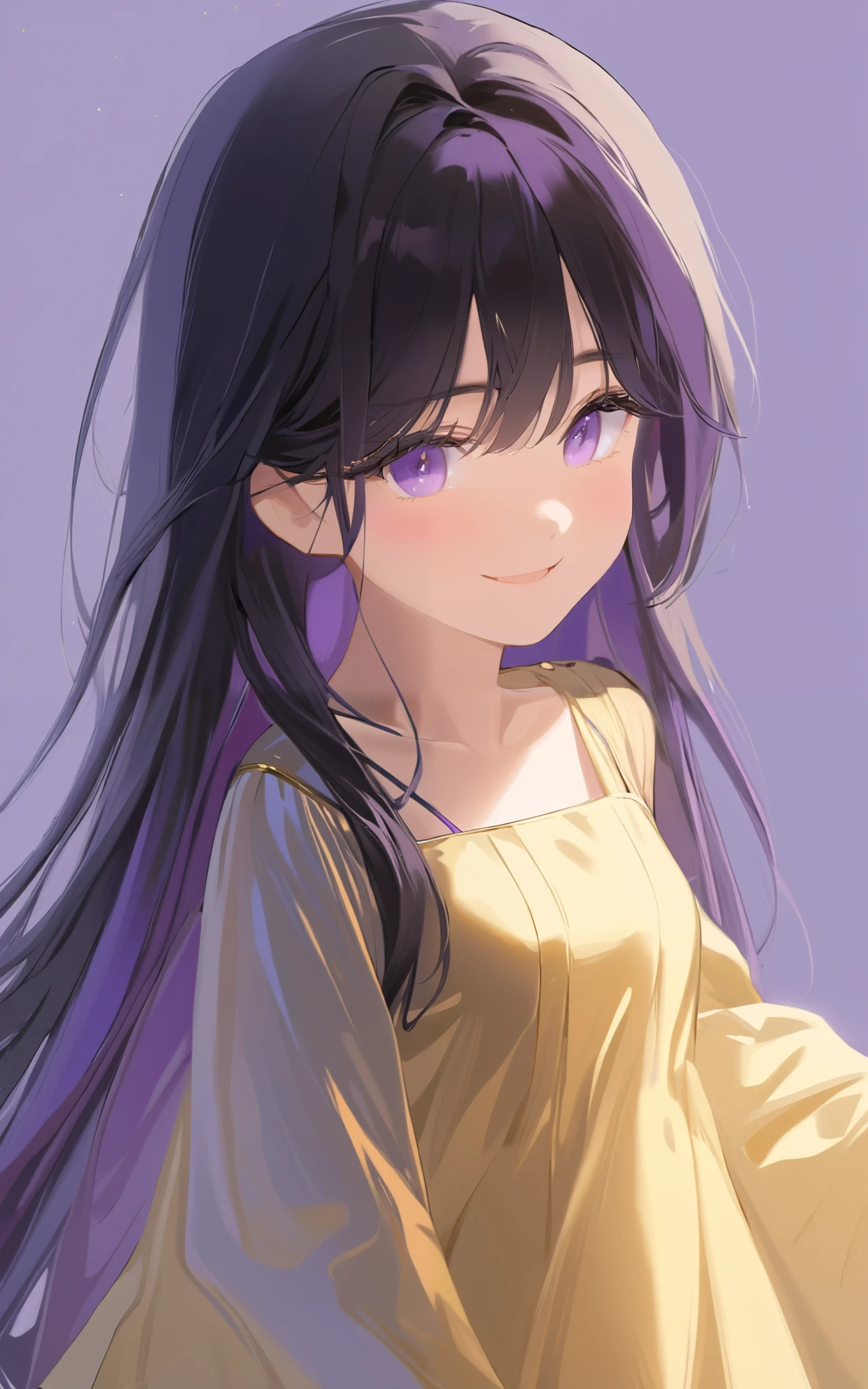 (masterpiece,Highest quality, narrower _ exhaustive,Hi-Res,Absard Dress:1.2), golden purple color,(oil \(medium\):1.1), 1 girl, Alone, black hair, watching viewers, gray eyes, long hair, blue eyes, cute、smile、Baby Face、