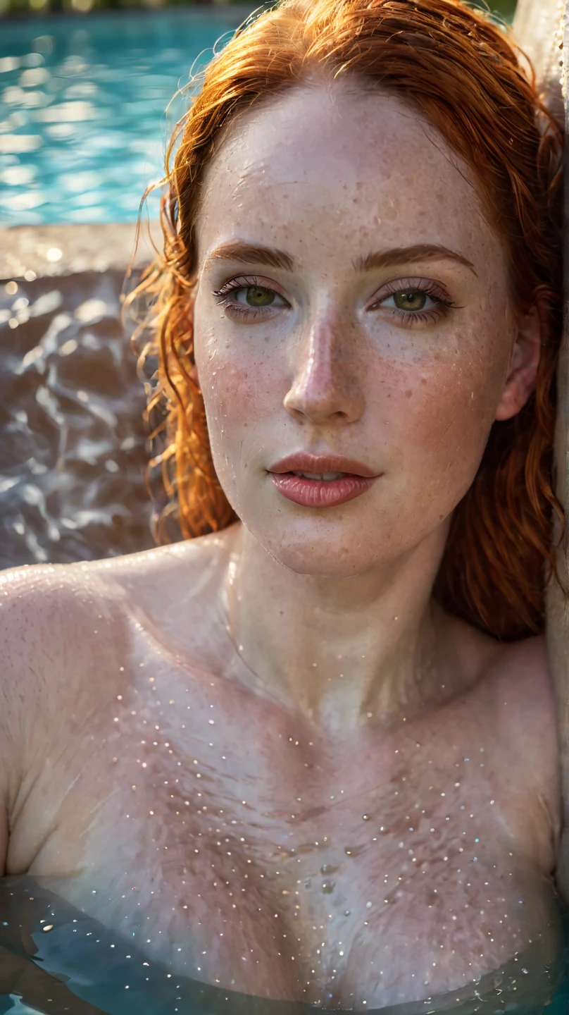 perfect face, beautiful, 25 year old, woman,long straight hair,light strawberry blonde hair, hair floating in water,freckles, freckles on chest, grey/blue and well-detailed eyes, eye liner, sultry eyes, full lips, lip gloss, smiling,narrow waist, (small breasts), ((small nipples)),(hard nipples), hands on water surface 