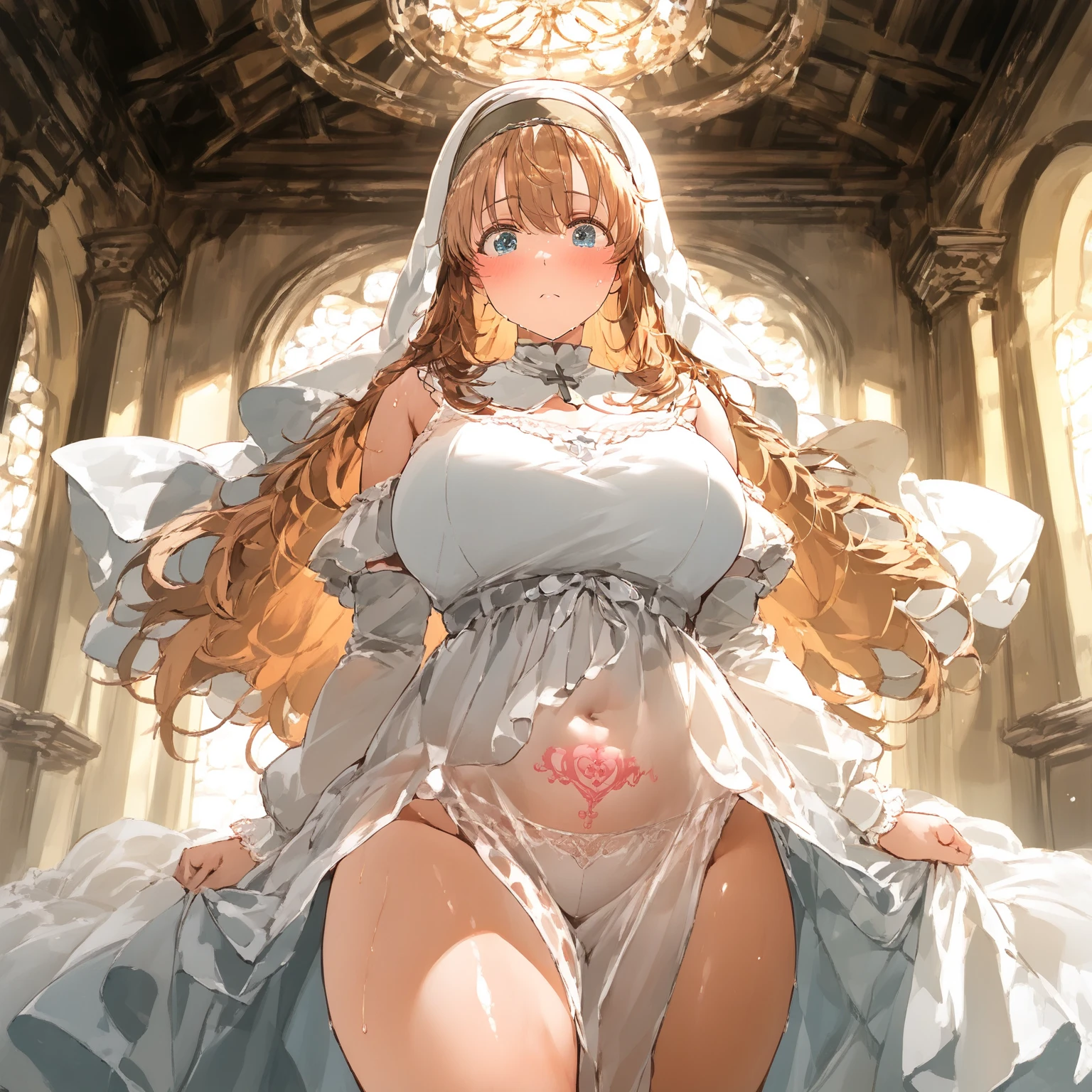 (Beautiful blonde wavy hair、Sheer white veil)、(Mature Woman、Slut、Bitch、Prostitute)、((Completely naked:1.3)、(Huge breasts)、(Huge areola、Thick Puffy Nipples)、(Wide Hips、Thick thighs、curve))、((Sheer white opera gloves、See-through white knee socks、Sheer white garter belt、Absolute area))、((A giant glowing heart tattoo on the stock)、(Camel toe:1.3)、(Revealing outfit)、(NSFW:1.5))、(Background is space、giant galaxy、Shining Star、(Mysterious giant moon))