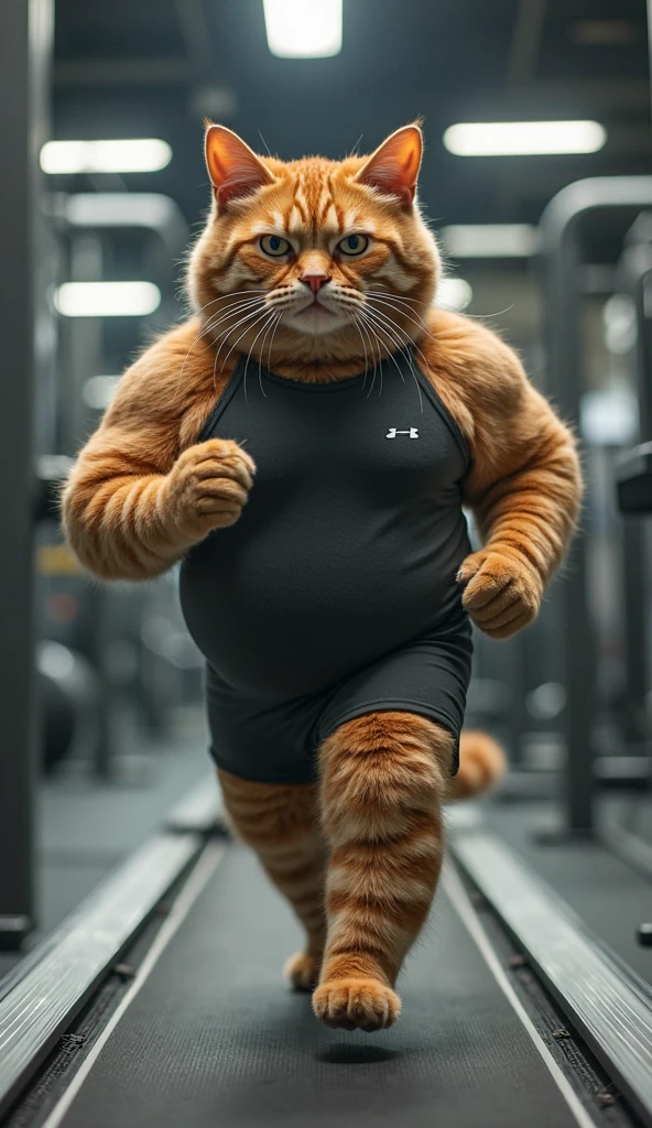 Here is a prompt for the above message:
"Generate an image of a 7-foot tall, overweight cat i, wearing a tiny tank top and sweatpants, lifting heavy weights and running on a treadmill with determination, while surrounding gym-goers watch in shock and awe at the cat's dedication to fitness."
Watching his body in a full mirror