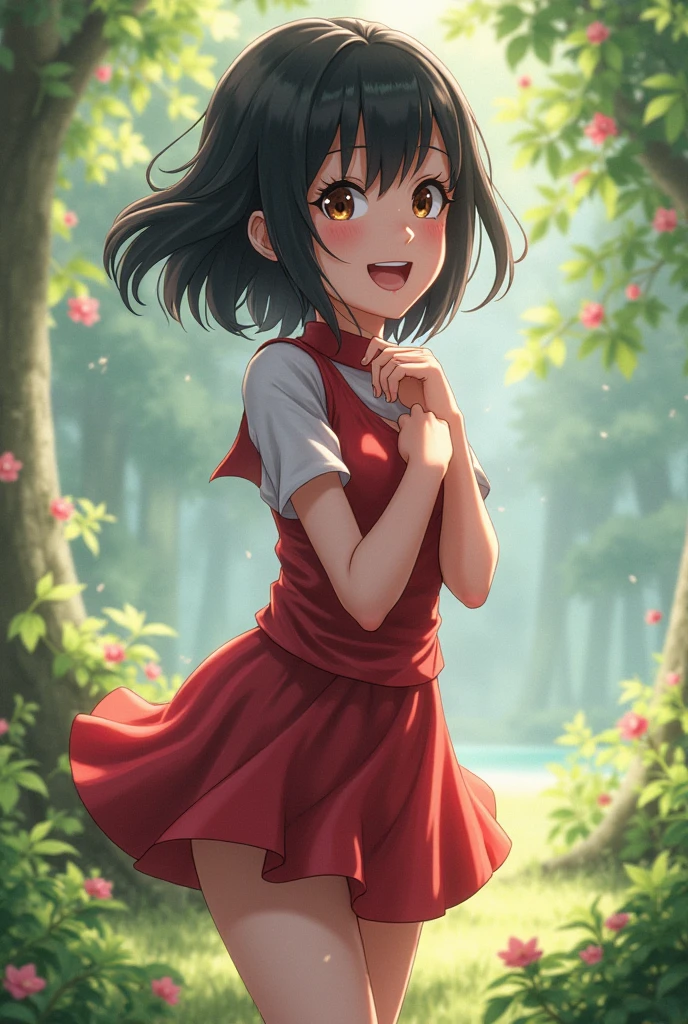 1girll,solo person,White color blouse,Full of vitality,having fun,Happy expression,self-assured,Red skirt,Socks,dual horsetail,scenecy,the detail,,depth of fields,optic,Works of masters,super high image quality,High picture quality