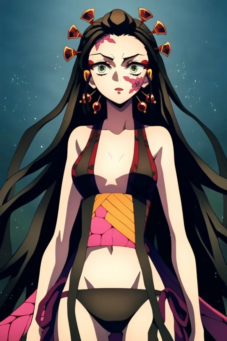 estilo kimetsu no yaiba, 1 girl, only, amber eyes, cabelo preto brilhante, extra very long hair, ((work of art)), ((portraits of a)), The forest is on fire, Lessolo blazes, the night, ((work of art)), (((high qualiy))), Japanese clothing, black kimono, sleeveless, detached sleeves, bike shorts, ninja mask,,