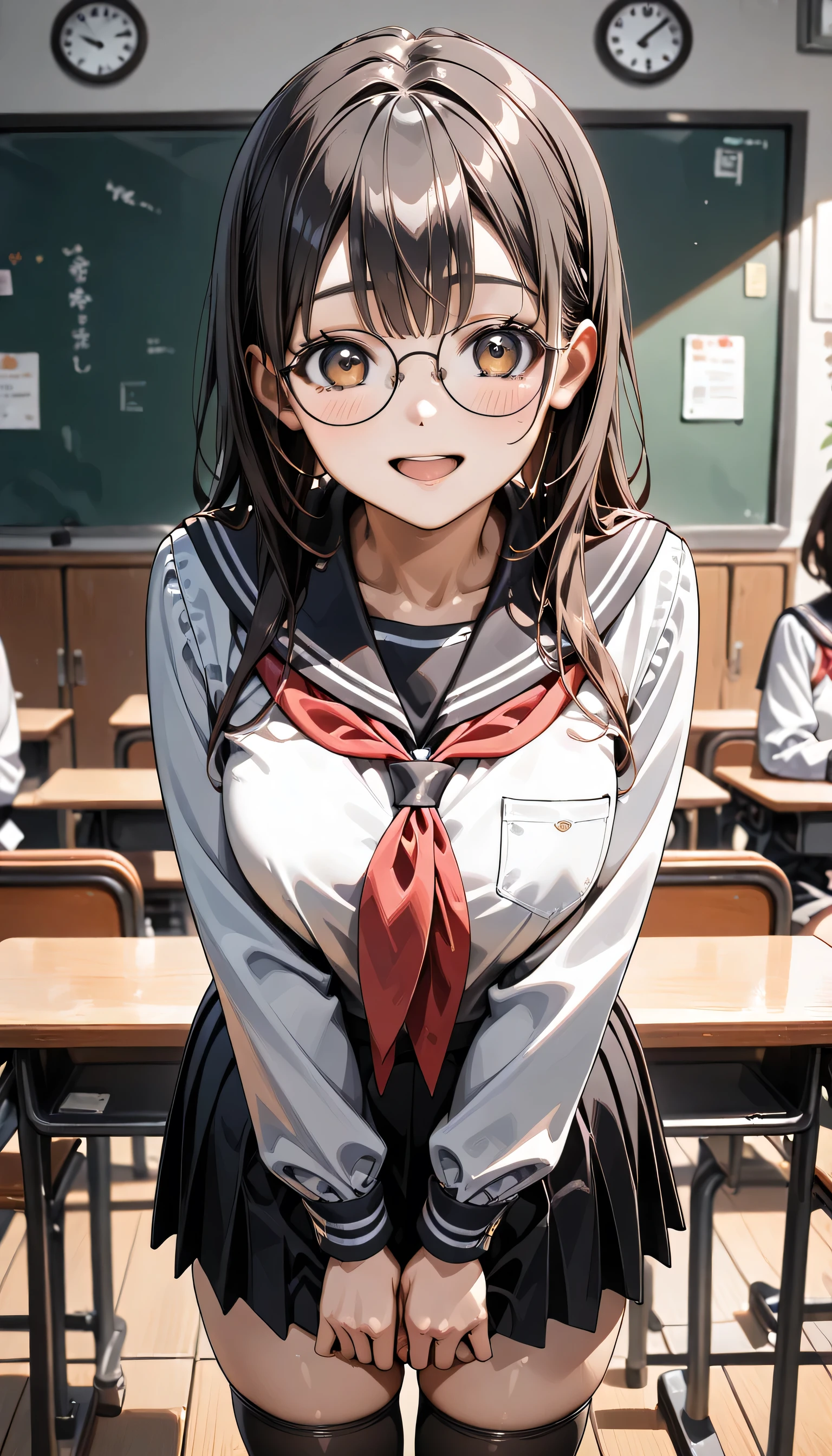 ((ultra-detailed)), (highly detailed CG illustration), (best quality:1.2), ultra-highly detailed, colorful composition, artistic photoshoot, 1girl, solo focus, ((cowboy shot:1.4)), moe anime character, girl, dainty facial structure, (bab(round face), ((rounded chin:1.2)), celia-default, celia claire, (blue eyes), ((wearing glasses:1.4)), g-boston19A, grasses, ((black hair color)), ((long hair)), ((half updo)), ((hair ribbon with red)), ((fluttering hair)), ample breasts, school uniform, sailor suit, traditional Japanese style with navy blue and white colors, navy blue pleated skirt, black knee high socks, ((happy:1.5)), ((joyful:1.5)), ((laughing:1.4)), ((blush:1.4)), ((looking viewer)), ((standing in the classroom)), from front, ((dynamic pose)), ((contrapposto poseわ)), best quality, masterpiece, expecting, pink cheek, blush, light pink gloss slip, portrait, depth of field, soft lighting, sidelighting, (shine), lighting, caustics, ray tracing, smile, perfect face, lustrous skin, highly detailed face, highly detailed eyes, perfect face, perfect nose, perfect hair, perfect eyes, perfect anatomy, beautiful hair, beautiful small face, extremely detailed face, beautiful detailed eyes, beautiful clavicle, beautiful body, beautiful ample breasts, leavage, breasts squeezed together, equalize the size of the left and right breasts, beautiful thin thighs, beautiful legs, beautiful fingers, 4 fingers, 1 thumb, lovely, (very detailed background:1.0), (highly detailed background:1.0), spring aesthetic, intricate details, joyful atmosphere, spring colors palette, chromatic aberration