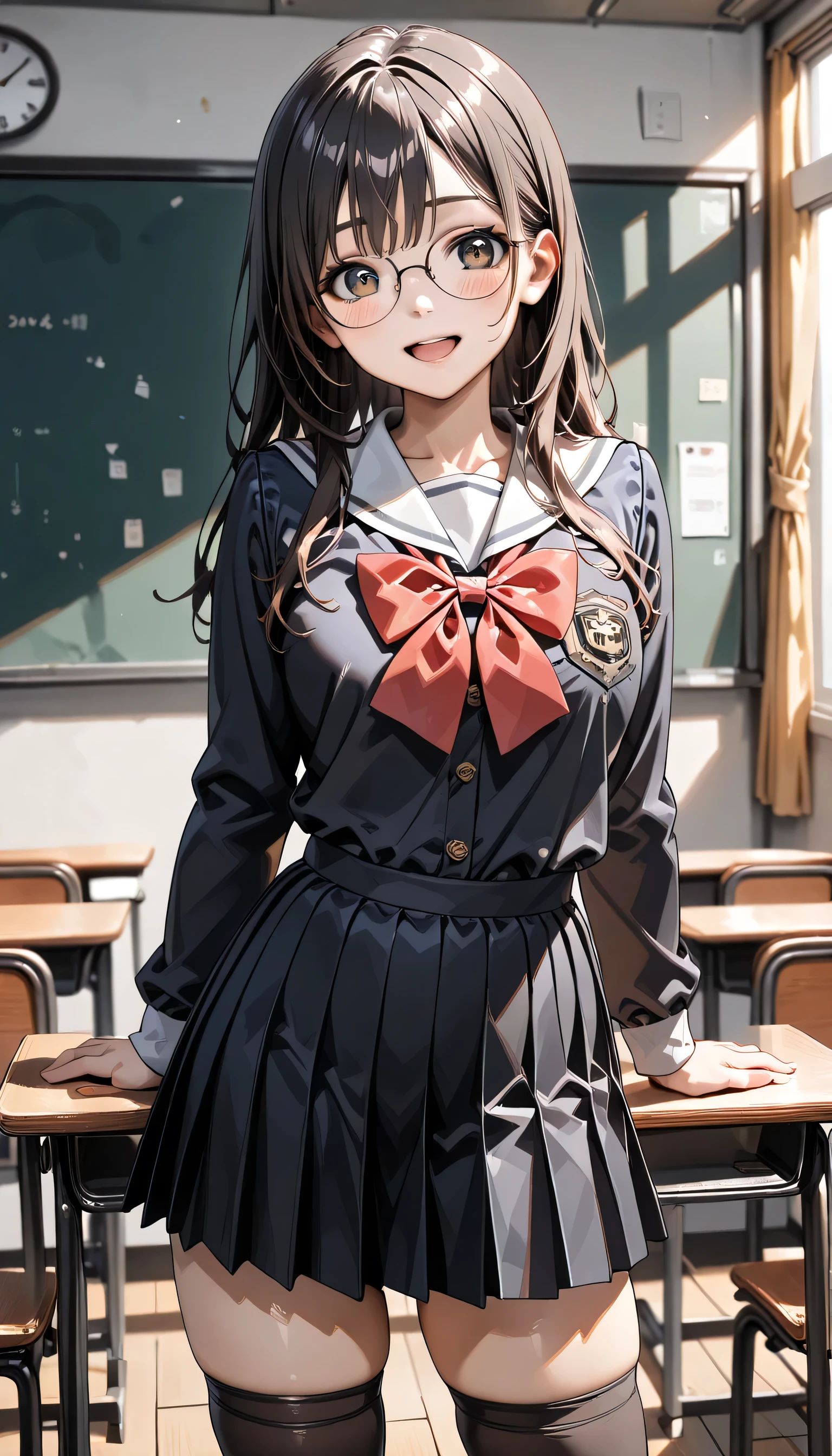 ((ultra-detailed)), (highly detailed CG illustration), (best quality:1.2), ultra-highly detailed, colorful composition, artistic photoshoot, 1girl, solo focus, ((cowboy shot:1.4)), moe anime character, girl, dainty facial structure, (bab(round face), ((rounded chin:1.2)), celia-default, celia claire, (blue eyes), ((wearing glasses:1.4)), g-boston19A, grasses, ((black hair color)), ((long hair)), ((half updo)), ((hair ribbon with red)), ((fluttering hair)), ample breasts, school uniform, sailor suit, traditional Japanese style with navy blue and white colors, navy blue pleated skirt, black knee high socks, ((happy:1.5)), ((joyful:1.5)), ((laughing:1.4)), ((blush:1.4)), ((looking viewer)), ((standing in the classroom)), from front, ((dynamic pose)), ((contrapposto poseわ)), best quality, masterpiece, expecting, pink cheek, blush, light pink gloss slip, portrait, depth of field, soft lighting, sidelighting, (shine), lighting, caustics, ray tracing, smile, perfect face, lustrous skin, highly detailed face, highly detailed eyes, perfect face, perfect nose, perfect hair, perfect eyes, perfect anatomy, beautiful hair, beautiful small face, extremely detailed face, beautiful detailed eyes, beautiful clavicle, beautiful body, beautiful ample breasts, leavage, breasts squeezed together, equalize the size of the left and right breasts, beautiful thin thighs, beautiful legs, beautiful fingers, 4 fingers, 1 thumb, lovely, (very detailed background:1.0), (highly detailed background:1.0), spring aesthetic, intricate details, joyful atmosphere, spring colors palette, chromatic aberration