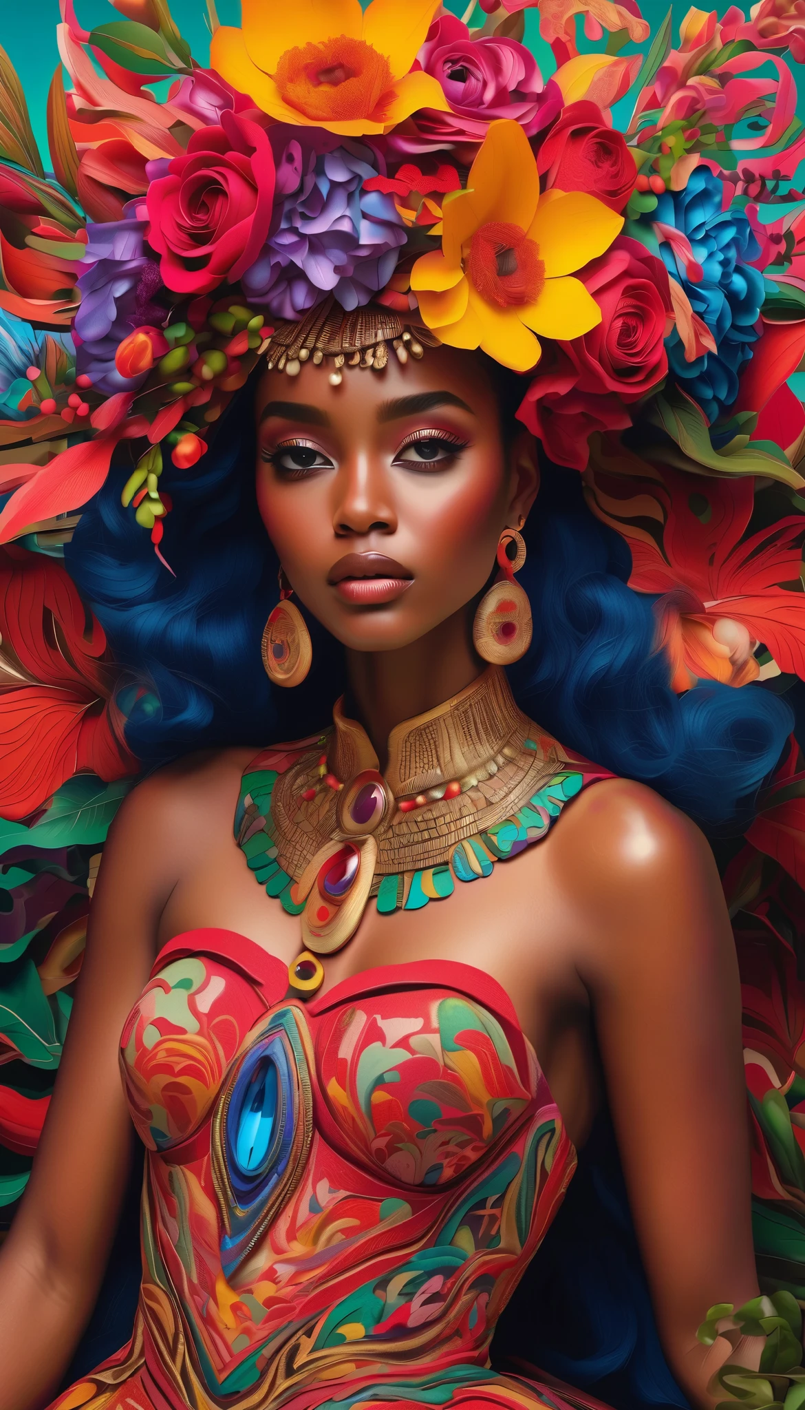 a dress in style of maximalism, intricate and ornate dress with elaborate patterns, textures and colors, detailed facial features, dramatic pose, lush floral background, opulent materials, shimmering embellishments, high quality, ultra-detailed,4K,photorealistic,studio lighting,extreme detail,vivid colors,vibrant palette
