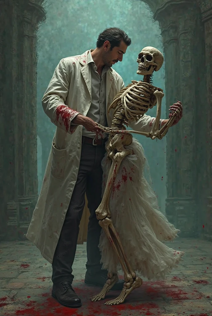 ((best quality)), ((masterpiece)), (detailed), (realistic), cinematic, dynamic lighting, (detailed background), depth of field, intricate, 8k, detailed skin, detailed face, subsurface scattering, realistic eyes, photo of a handsome man, (necr0mancer:1.2), wearing intricate necromancer robes, man kissing a (skeleton), bones, skull, ribs, (1other), 1boy, flower, dynamic pose,