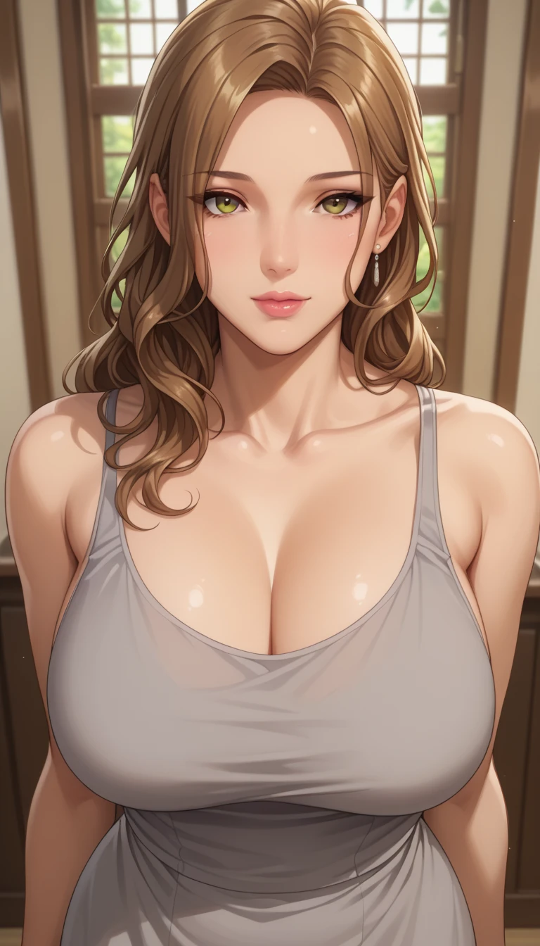 (masterpiece, best_quality:1.2), 1girl, solo, mature female, brown hair, long hair, (housewife:1.5, short grey tank top dress), beautiful eyes, female focus, looking at viewer, large breast, wide hips, ((above view)) ((close up shot)) ((solo)) detailed, very high resolution, no blurry image, (cowboy shot), standing, beautiful, elegant, serene expression, intricate details, detailed background, bedroom