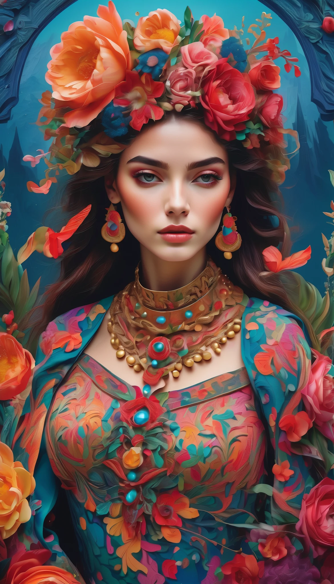a dress in style of maximalism, intricate and ornate dress with elaborate patterns, textures and colors, detailed facial features, dramatic pose, lush floral background, opulent materials, shimmering embellishments, high quality, ultra-detailed,4K,photorealistic,studio lighting,extreme detail,vivid colors,vibrant palette