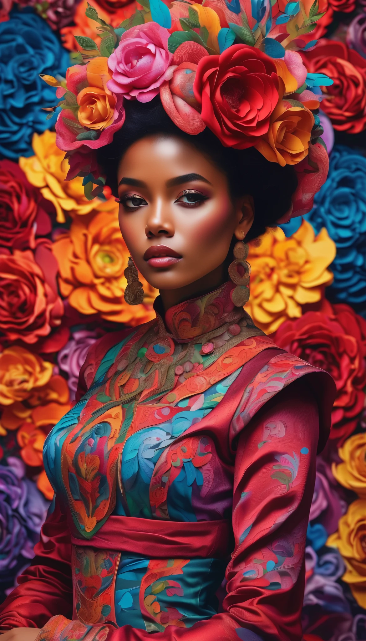 a dress in style of maximalism, intricate and ornate dress with elaborate patterns, textures and colors, detailed facial features, dramatic pose, lush floral background, opulent materials, shimmering embellishments, high quality, ultra-detailed,4K,photorealistic,studio lighting,extreme detail,vivid colors,vibrant palette