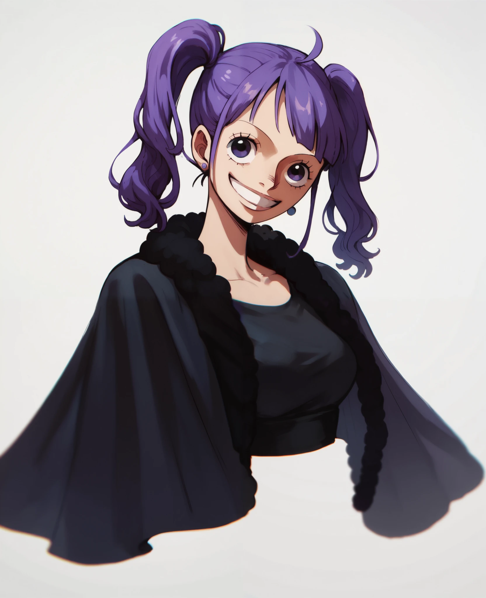 A character from the anime one piece. A girl, dark purple hair, two down pigtails, smile, best quality, black outfit