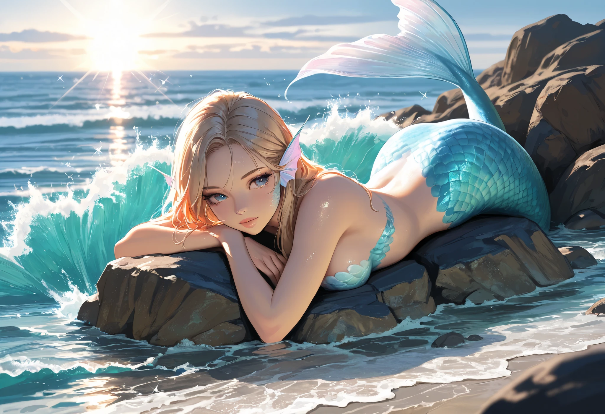 photo of beautiful siren, detailed blue eyes, detailed mermaid tail, white hair, innocent face, restore eyes.