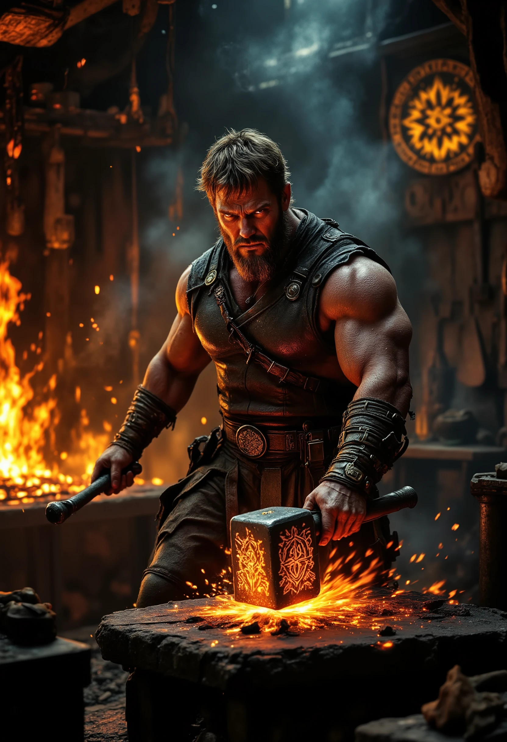 man, dressed in Leather with Armor, pumped, broad shoulders, Muscular, bandages on hands, in Hand a Blacksmith's Hammer with a Beautiful Pattern, Von Kuznica, red-hot furnace, sparks from fire are visible, coals, great , Masterpiece , 8 k, maximum details, fantasy style, complex details, Best quality,