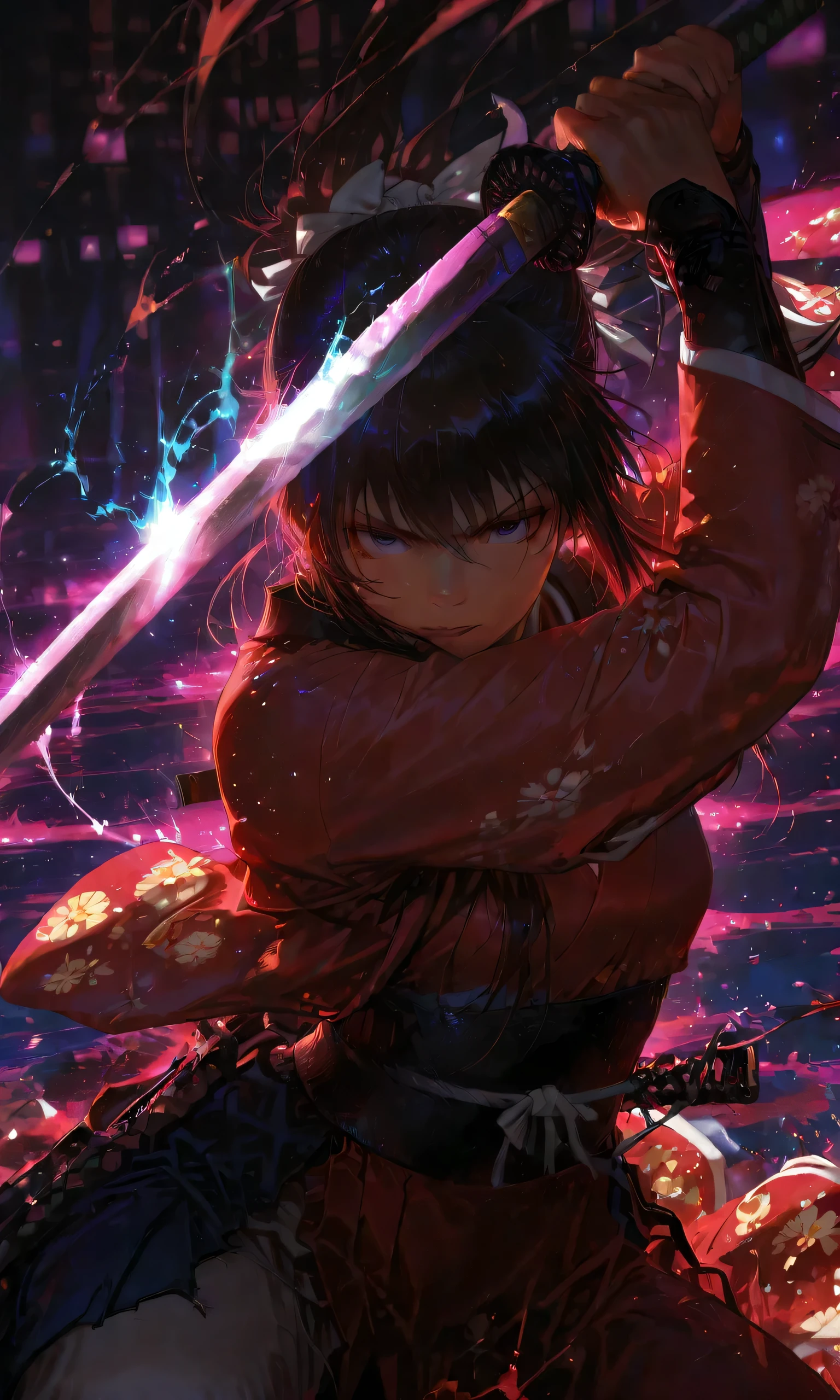 A beautiful samurai warrior, Rurouni Kenshin, detailed realistic illustration, masterful sword fighting, broken katana sword, dynamic action pose, intricate traditional Japanese clothing, intense dramatic lighting, vibrant colors, cinematic composition, highly detailed, 8k, photorealistic