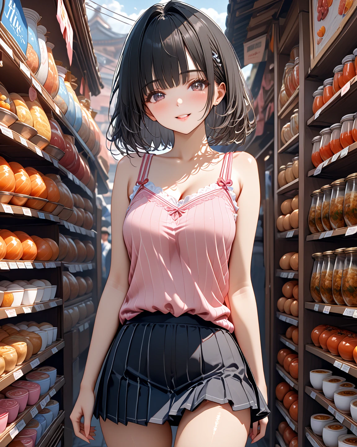 high angle、Realistic, real person, RAW photo, photorealistic, portrait photography, shiny skin, japanese idol, 25 year old woman、(bob cut hair) and (wine red hair) and (wine red eyes), wearing a white off-shoulder blouse、wearing a gray skirt、cleavage is visible、(sad smile:1.5), blush, Supermarket background、Alone、Staring,