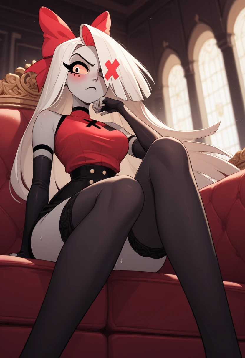 hyper extreme detailed), (masterpiece), (hyper extreme), (photorealistic), CG, (color: 1.2), beautiful lighting, front light, rating: safe, solo, bismarck, blonde hair, long hair, eyes red, black_gloves, garter_straps, zettai_ryouiki, pleated_skirt, black_skirt, stoking, high_heels, black shrite, long_sleeves, black_cape, short_dress, wearing military hat, saber gloves, looking lewd, sideboobs