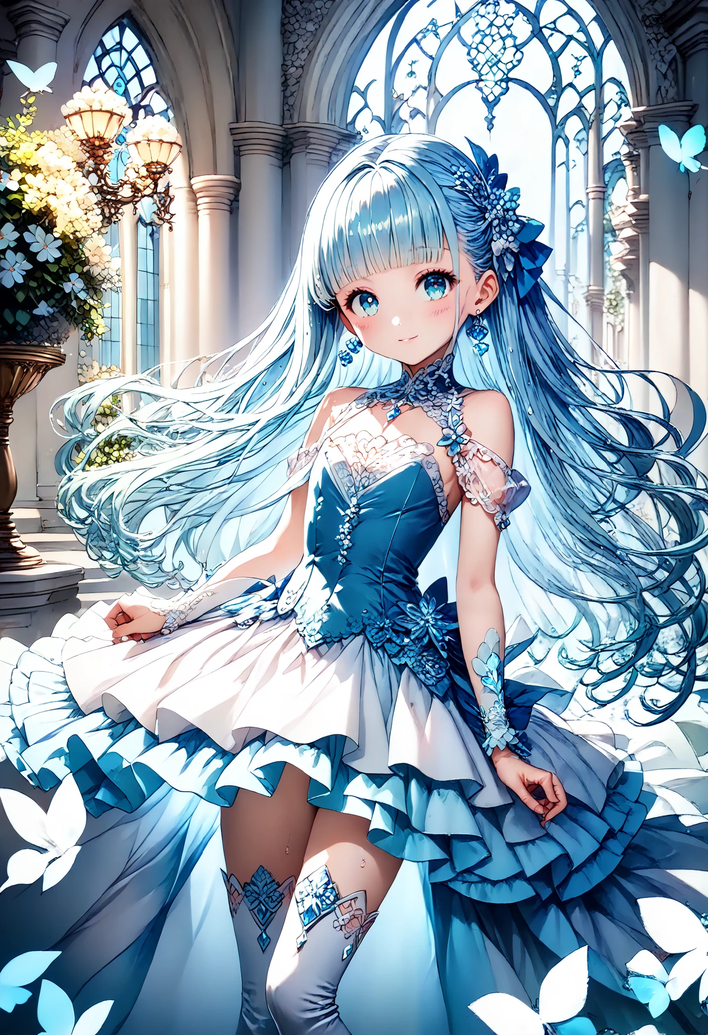 masterpiece, best quality, extremely detailed, (illustration, official art:1.1), ,(((( light blue long hair)))), ,(((( light blue long hair)))),light blue hair, , long hair ((blush)) , cute face, big eyes, masterpiece, best quality,(((((a very delicate and beautiful girl))))),Amazing,beautiful detailed eyes,blunt bangs((((little delicate girl)))),tareme(true beautiful:1.2), sense of depth,dynamic angle, (true beautiful:1.2),,(tiny 1girl model:1.2),)(flat chest), 4koma, comic, ,((best quality, high resolution)), (delicate illustration), (pastelcolor style illustration:0.7), (watercolor style illustration:0.4), ((beautiful:1.3)), 4k, ((beautiful lady)), (shy), happy, Aquamarine eyes, Wet Look, hair ornaments, earrings, , ((thigh high socks, thigh high boots,)),