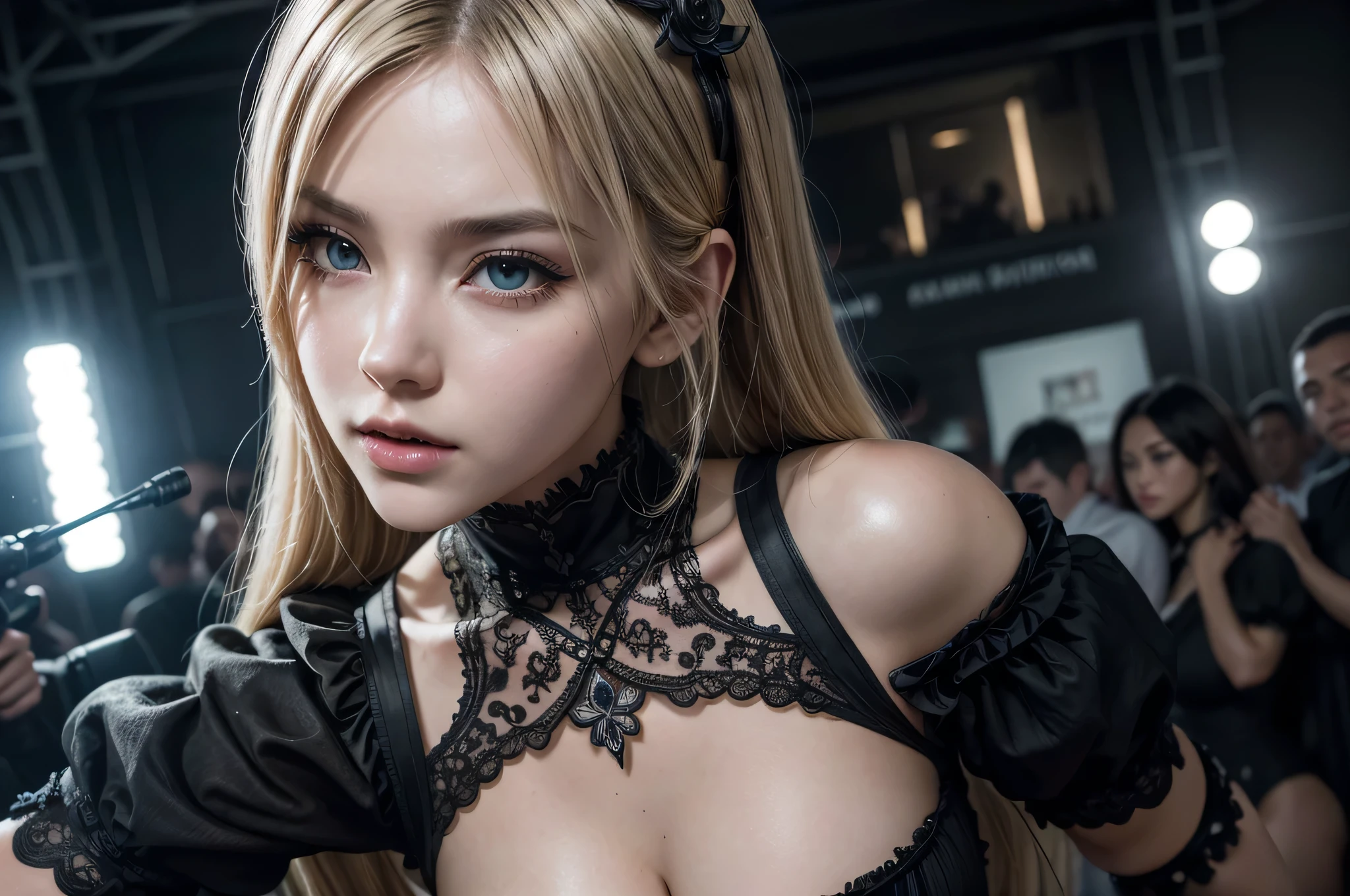 (8k, 4k, best quality, highres, ultra high res:1.1), (masterpiece, realistic, photo-realistic:1.1), 1girl, face, close-up, twintails, blonde hair, black eyes, red lips,((big breast)), (big cleavage), (big cuvy hips), (narrow waist ) (looking at viewer:2), absurdly long hair, long eyelashes, eyeshadow, small face, big eyes,bare shoulders, high contrast,ultra-high-definition, outstanding details, 8K, Blush face, attractive collarbone, sexy shoulders, blushing cheeks, nikon z9, 30mm lens, sharp focused face, f/4, iso 200, shutter 1/250, beauty light, medium shot, raw ,intricately detailed, award winning photograph, good contrast, high sharpness, facial symmetry, bokeh, ultra-detailed