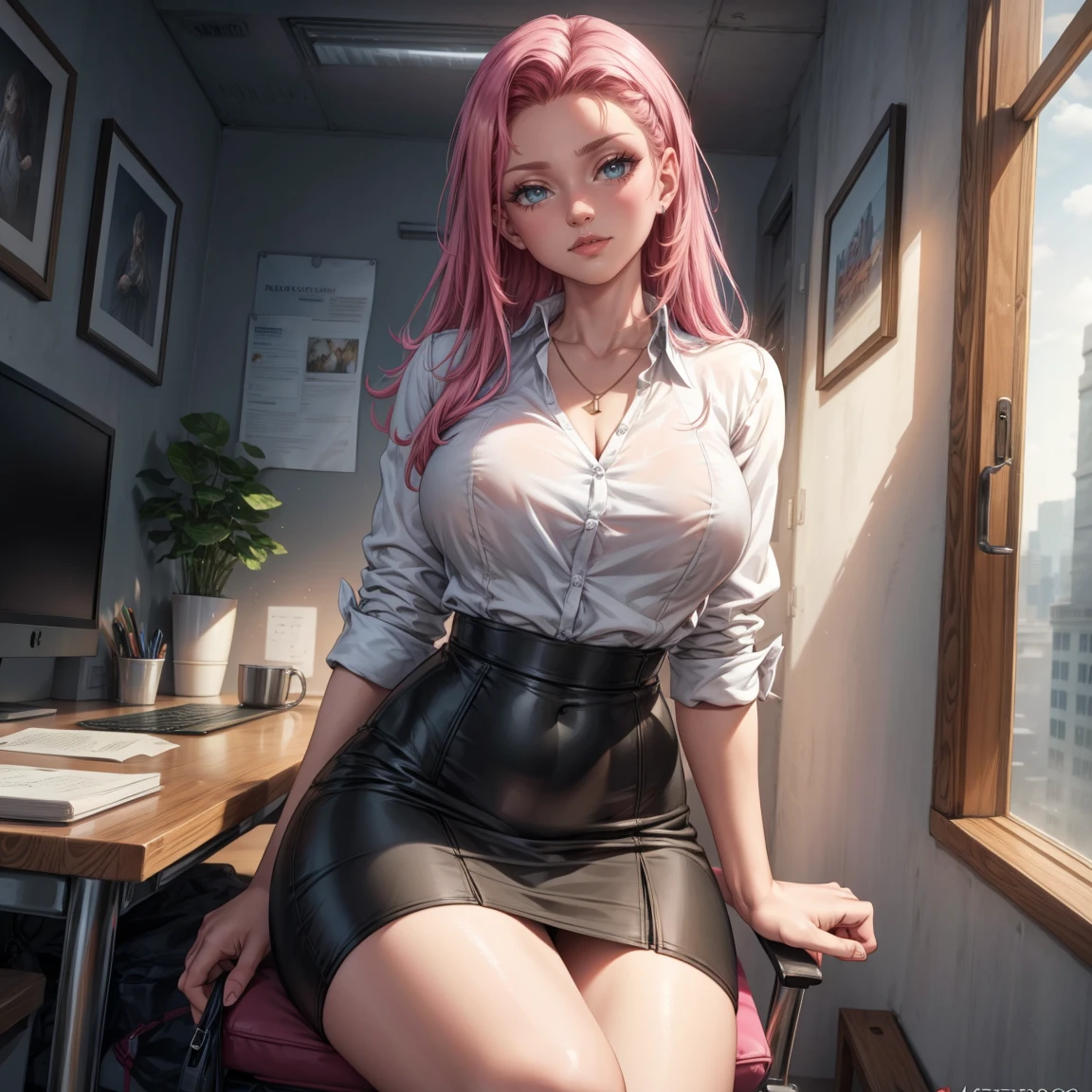 Criar imagem realista de um jovem advogada, com longos cabelos pretos lisos, peitos pequenos, pernas finas, Red lipstick, wearing glasses and dressed in black clothes with red details, is sitting cross-legged in an office chair. Ela folheia um livro com um olhar atento e um leve sorriso no rosto. The backdrop is an office, with a large modern window located behind the lawyer. Os suaves raios do sol poente iluminam suavemente a figura do advogado. Descreva a personagem focando em suas habilidades, physical characteristics unrelated to sensuality, personal interests and unique personality