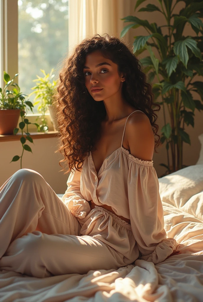 (photorealism:1.2), beautiful woman, sitting on bed, wearing loose off-shoulder top, pajama pants, long curly hair, indoors, soft lighting, plants in background, window with sunlight, cozy room, relaxed pose, realistic, intricate details, warm colors, indian teen