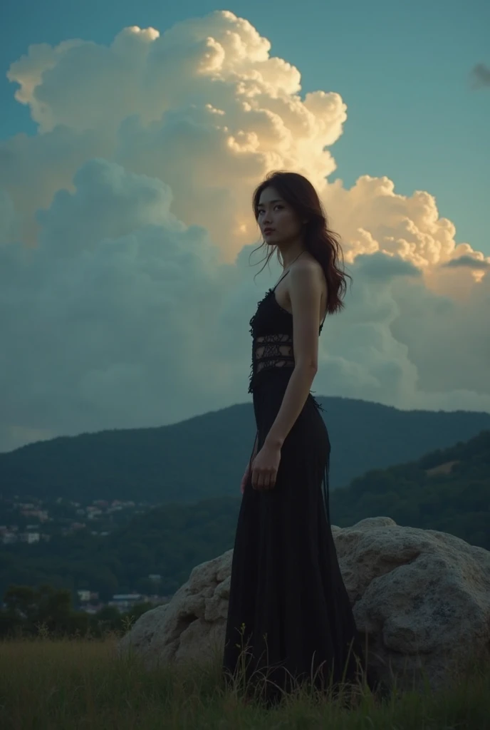 A 16k masterpiece, highest resolution, every detail, meticulousness, depth of field, bright colors, beautiful composition: a teenage girl with black hair and innocent eyes is so beautiful detailed, standing against a dark and ominous landscape. sexy silk dress outfit.