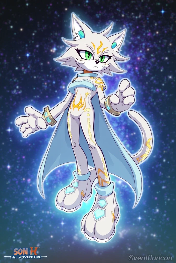 a female fox with white coat like the moon, adorned with pale pink spots on her face and ears. Her eyes are large and expressive, conveying calm and compassion. Ela possui uma delicada coroa de flores em seus cabelos, that shine in the light of the moon. His posture reflects grace and harmony, symbolizing your connection to the powers of the moon and love.She owns a gold dress with galaxy details and wears a high-heeled shoe