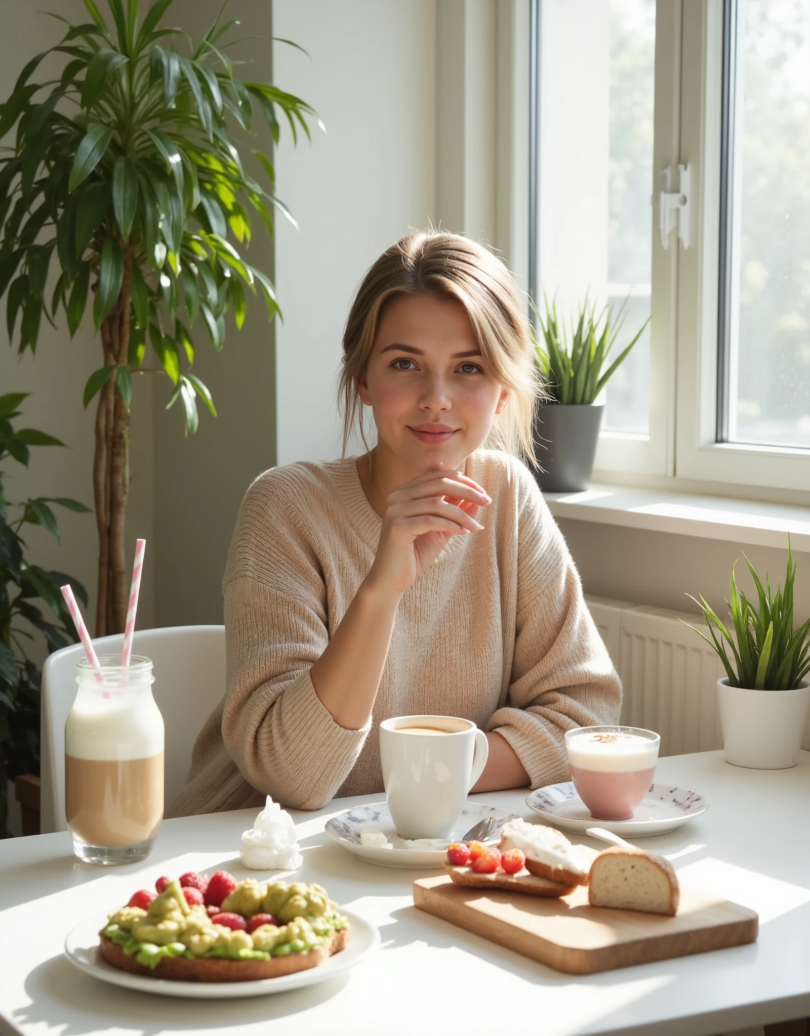 Bright and airy shot of Eden sitting at her modern dining table in her sunlit Hamburg apartment, enjoying a fresh, healthy breakfast. She wears a loose beige sweater, her dark blonde hair slightly tousled. The plate in front of her holds avocado toast, fresh berries, and a smoothie bowl, with a steaming cup of coffee beside it. Large windows let in clear hellen morning sunlight, helle illuminating the neutral-toned interior with green plants in the background. Ultra-HD, crisp details, sharp-focus, clear natural lighting, high-end Instagram aesthetic.