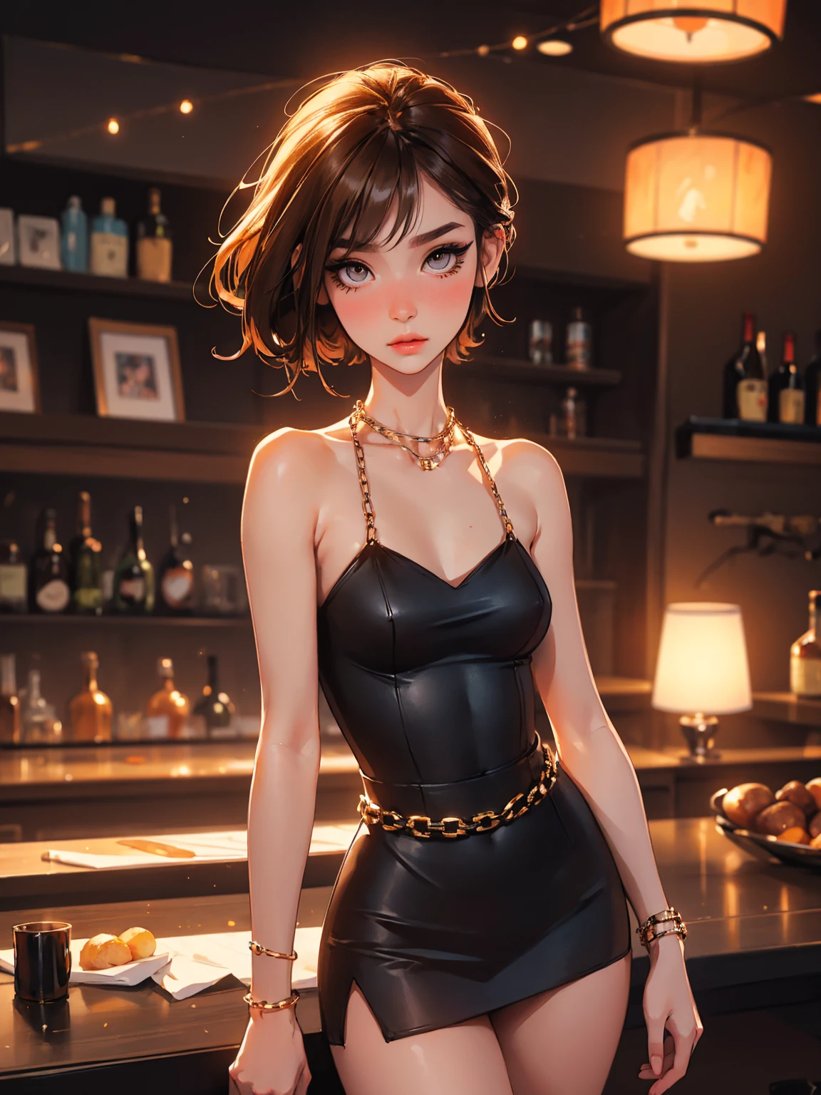 a beautiful young woman in an evening dress, an alien bar, alien patrons, seductively holding a glass of wine, detailed portrait, highly detailed, hyperrealistic, 8k, (photorealistic:1.6), dramatic lighting, moody atmosphere, neon signs, futuristic interior, (best quality:1.4), (masterpiece:1.2), intricate details, cinematic composition, dramatic shadows, vivid colors, moody color palette, captivating expression, elegant pose, alluring gaze