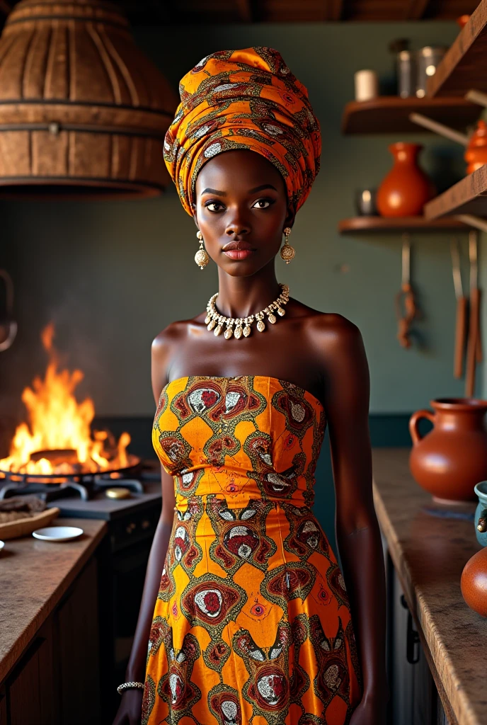 very dark skin ghanaian woman with ???????????, busty, traditional headscarf, robe, cooking