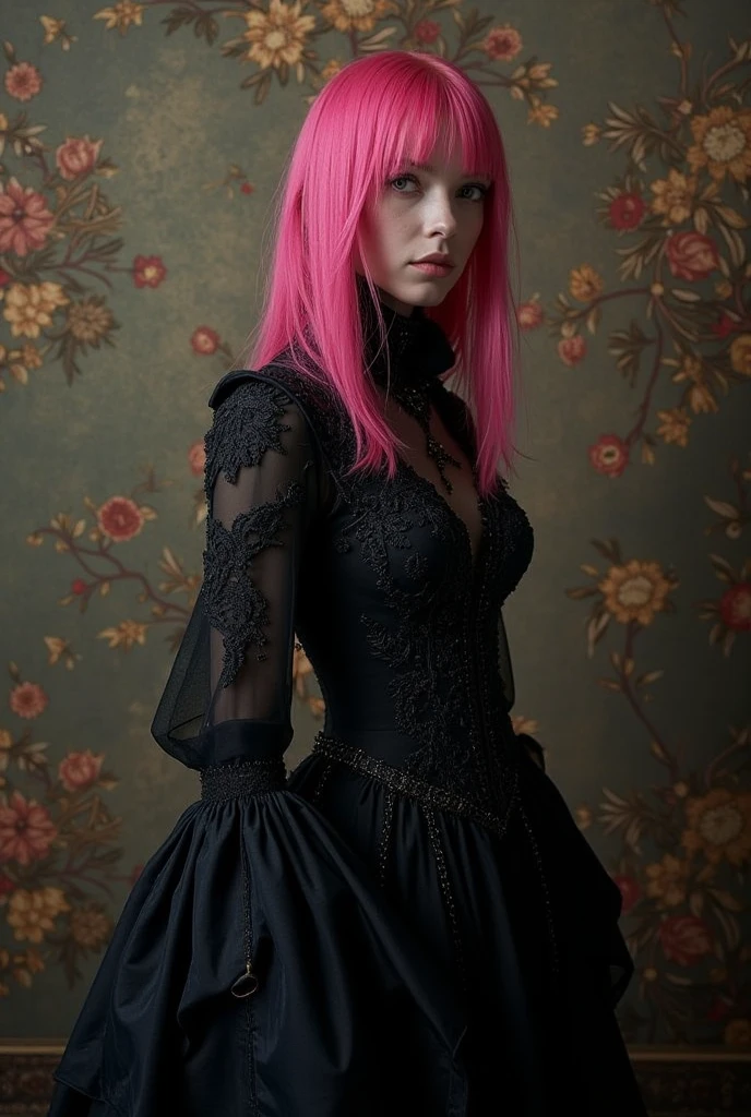 "A stunning woman adorned with pink fairy wings and vibrant pink hair, showcasing the enchanting fusion of Victorian elegance and gothic elements in a whimsical forestpunk style."