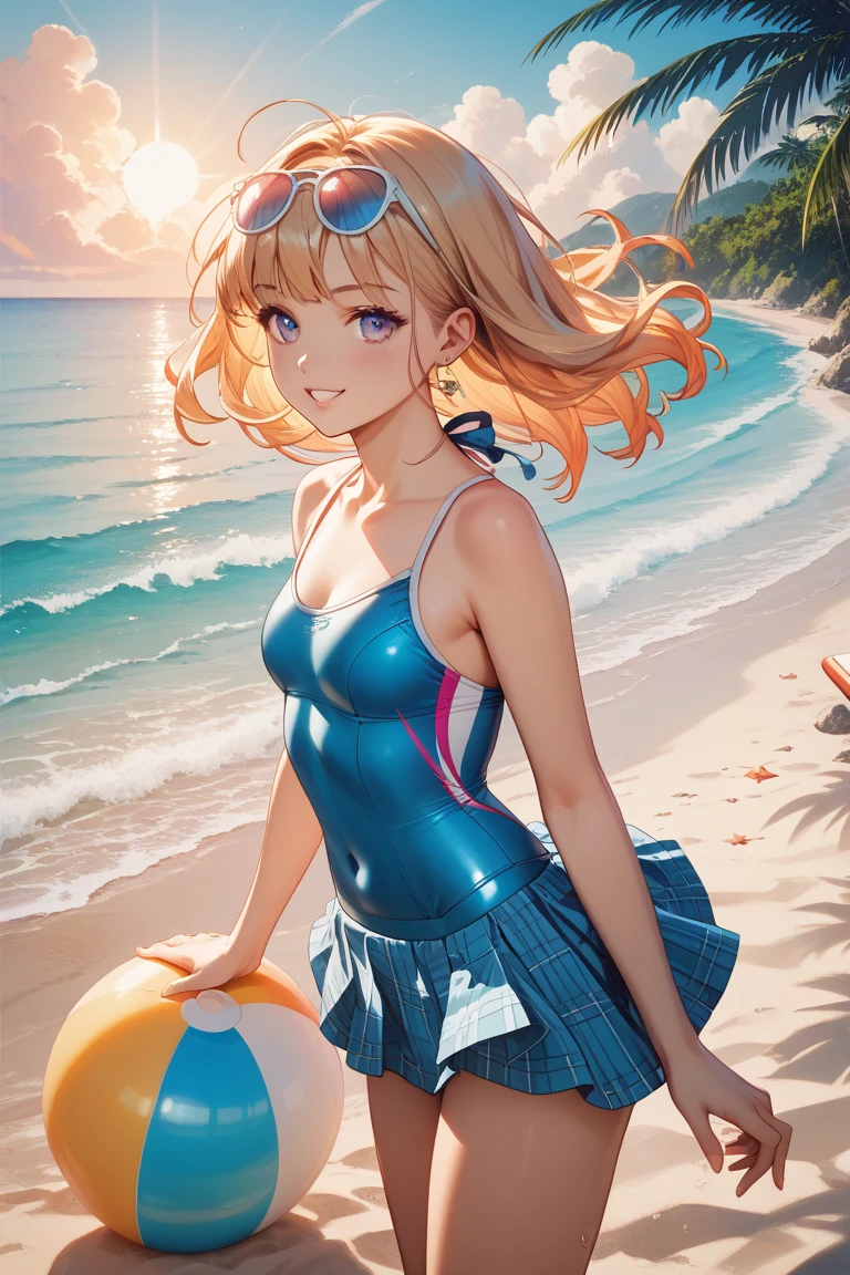 Exquisite and beautiful CG images),(Best quality at best, ultra - detailed, A high resolution),(dynamic angle, 动态照明),(1 character),(Long pink and blonde hair), eBlue eyes, pretty face), 1 girl, (long sideburn, a plant, ssmile, Long blue dress, 3 days, the ocean, Eau, beach ball, sea shell, and the sun was shining brightly, Windy