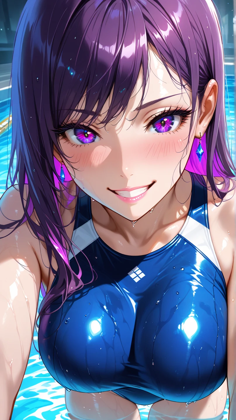 (masterpiece:1.3, top-quality, ultra high res, ultra detailed), (realistic, photorealistic:1.4), beautiful illustration, perfect lighting, natural lighting, colorful, depth of fields, ,
beautiful detailed hair, beautiful detailed face, beautiful detailed eyes, beautiful clavicle, beautiful body, beautiful chest, beautiful thigh, beautiful legs, beautiful fingers, shiny skin,
looking at viewer, 1 girl, 20 years old, (perfect anatomy, anatomically correct, super detailed skin), cute and symmetrical face, face, perfect face, perfect eyes,
(long hair, low ponytail, purple hair), hair between eyes, maroon eyes, long eyelashes, (medium breasts, seductive thighs),
(detailed cloth texture), (metallic purple highleg swimsuit),
(beautiful scenery), afternoon, (street, cherry blossoms), standing in the middle of the road, (smile),