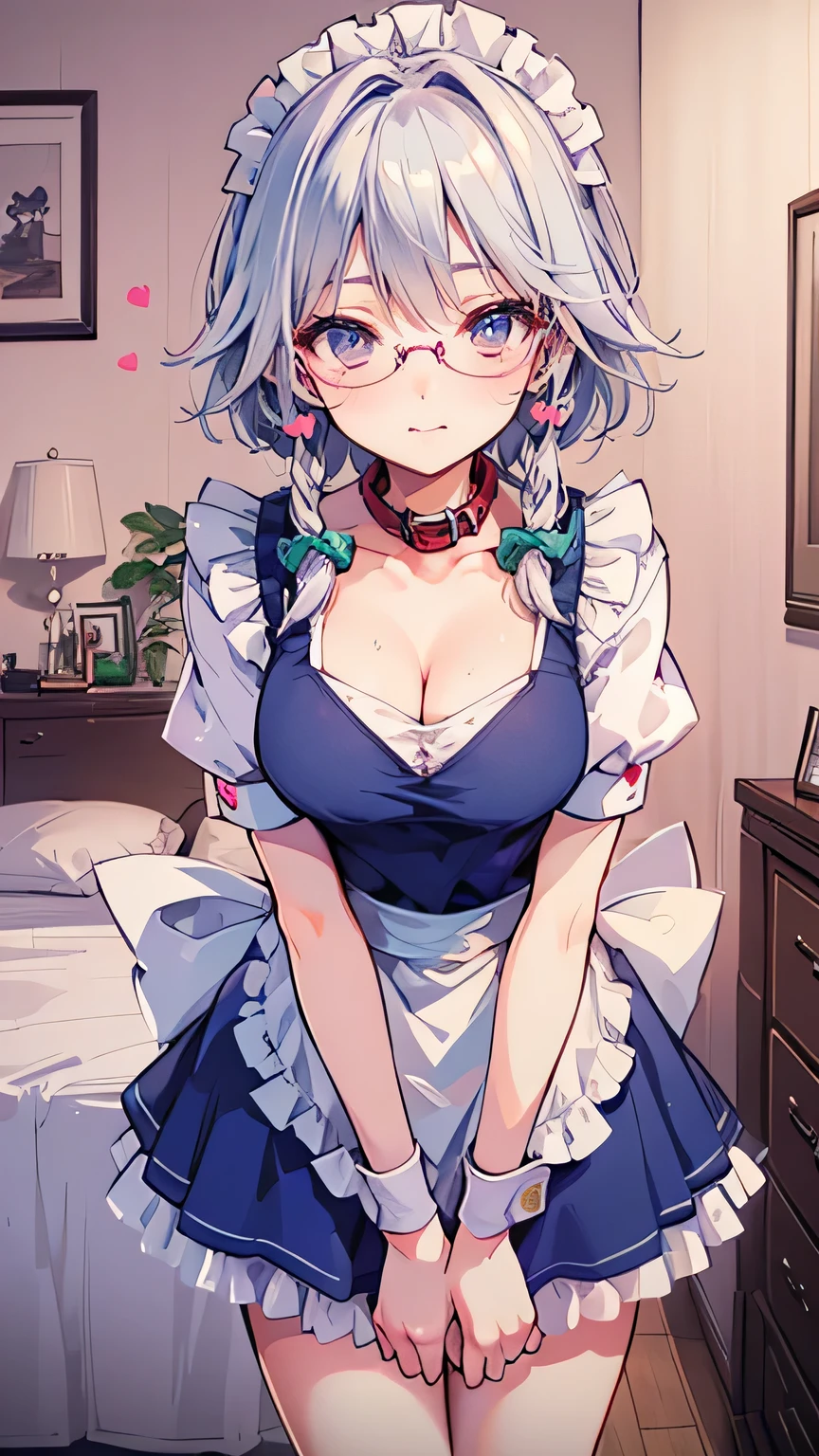 (real animation), (Highest quality,8k,Hi-Res,masterpiece:1.2),超Hi-Res,(realistic,photorealistic,photo-realistic:1.37), portrait, (Maid,spouses,cute, girls on the left, white hair, short hair,knitting glassesed pigtails, white headband:1.2), ( blue eyes, Maid headdress, knitting glasses, Gray Hair, Maid, twin knitting glassess,  short hair,   wrist cuffs , bow, hair bow, short sleeve, ribbons, apron, Gentle expression, rosy cheeks ), ((lovely face:1.5,  Red Face:1.4, smile, spouse, I fell in love at first sight)), ( unfold collar :1.2, cleavage), ((indoors、bedroom:1.2、western style room、dim:1.3))、sweat、cute、((Lovely Heart :1.5))、1 girls on the left and 1boy, Kabedon Pov, full body, standing