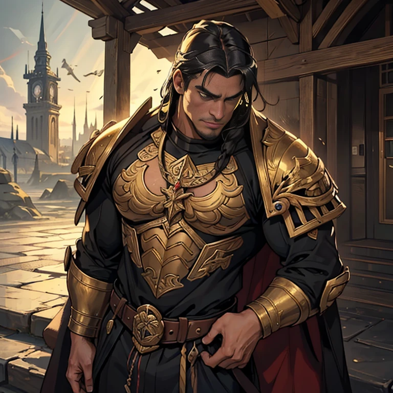 Atlan is a tall handsome male. Standing at 7 ft 5. He is athletic built with beautifully long silky brown hair and blue eyes. He is always seen with a stern look on his face. He is clothed with the finest royal attire in silver and black. His beard matches his hair. Muscular man, bulge in pants, arrogant expression, piercings