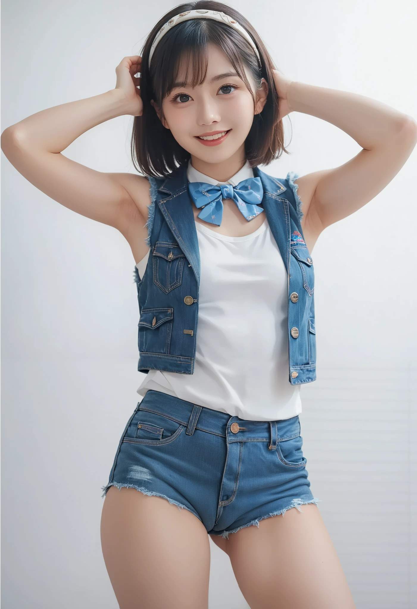 score_9,score_8_ up,score_7_ up, ultra detail, absolute resolution, 32K,Masterpiece, best quality , Super High Definition's beautiful face and eyes with attention to detail, beautiful girl with pubic hair, short hair, smile, (denim vest, Denim Shorts , bow tie, hair band:1.2), Small breasts, focus on the face, watching viewers , perfect hand, show armpit, Perfect Anatomy, camel toes, Venus Rift, under view,