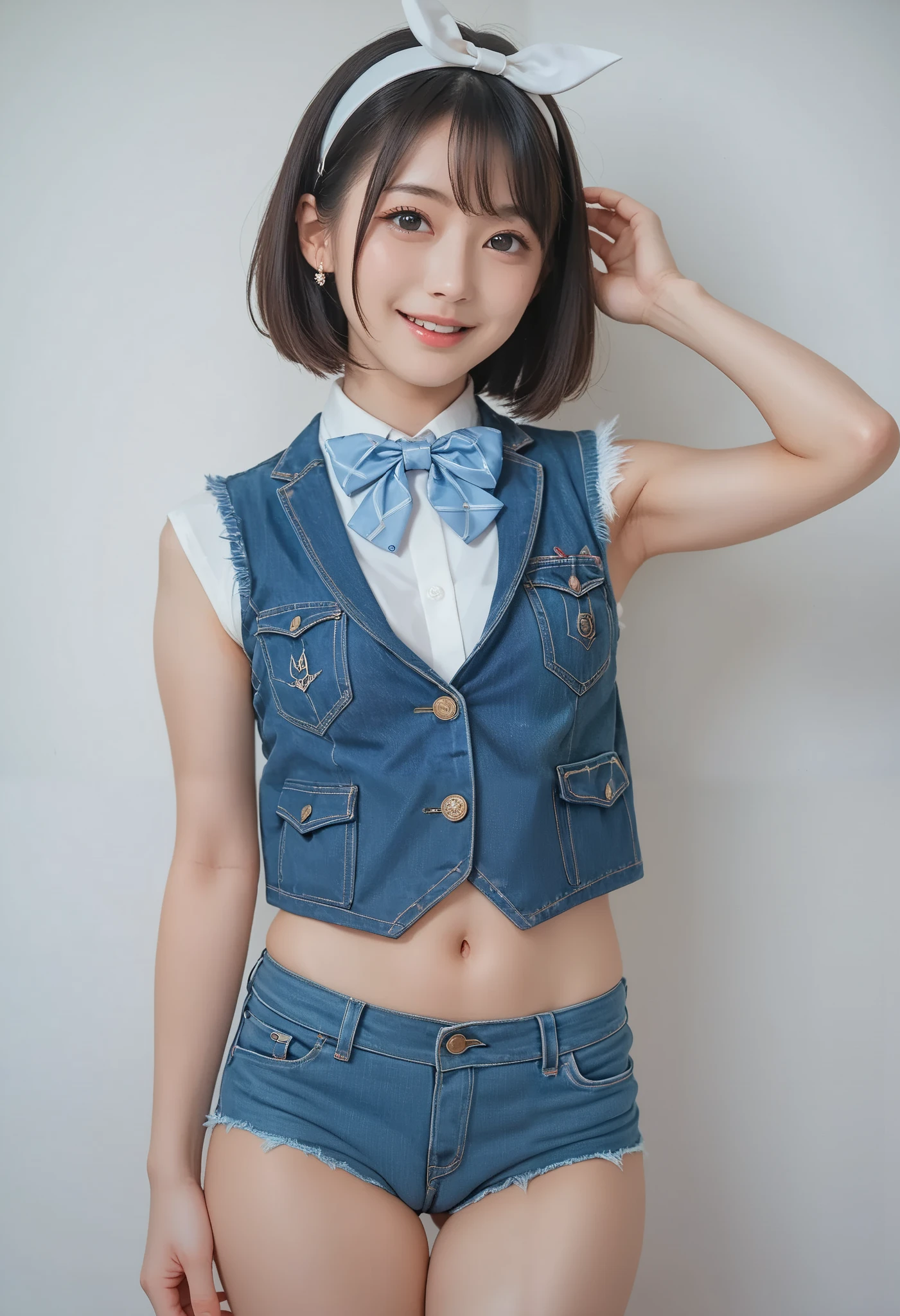 score_9,score_8_ up,score_7_ up, ultra detail, absolute resolution, 32K,Masterpiece, best quality , Super High Definition's beautiful face and eyes with attention to detail, beautiful girl with pubic hair, short hair, smile, (denim vest, Denim Shorts , bow tie, hair band:1.2), Small breasts, focus on the face, watching viewers , perfect hand, show armpit, Perfect Anatomy, camel toes, Venus Rift, under view,