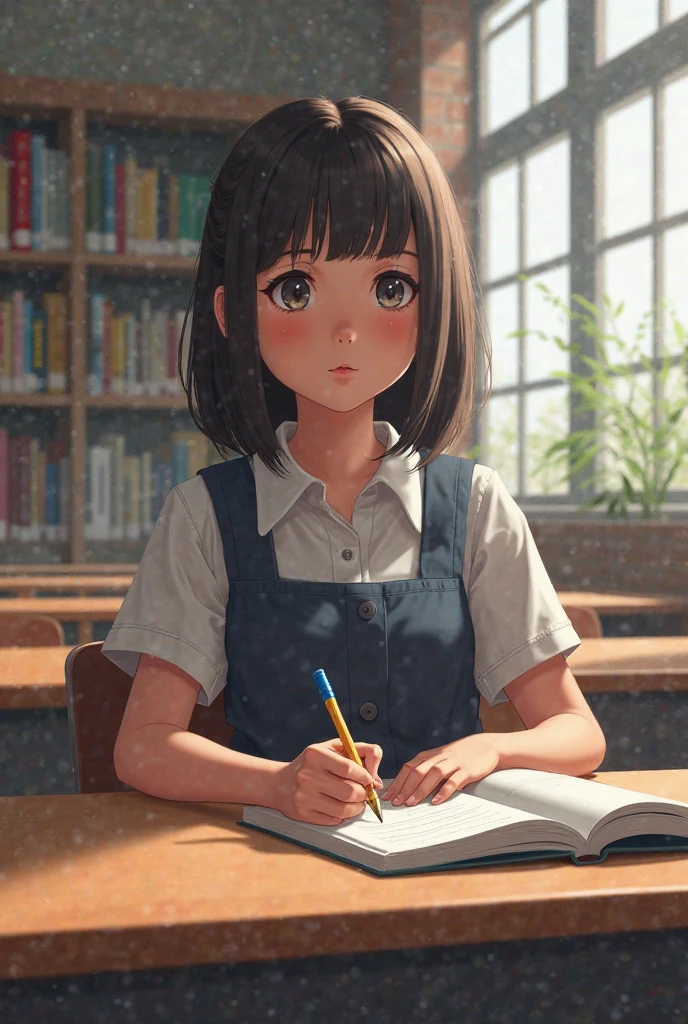 Children, short hair, red, beautiful eyes, female, in the classroom, studying, notebook on the table, pencil, pen, water bottle --auto --s2
