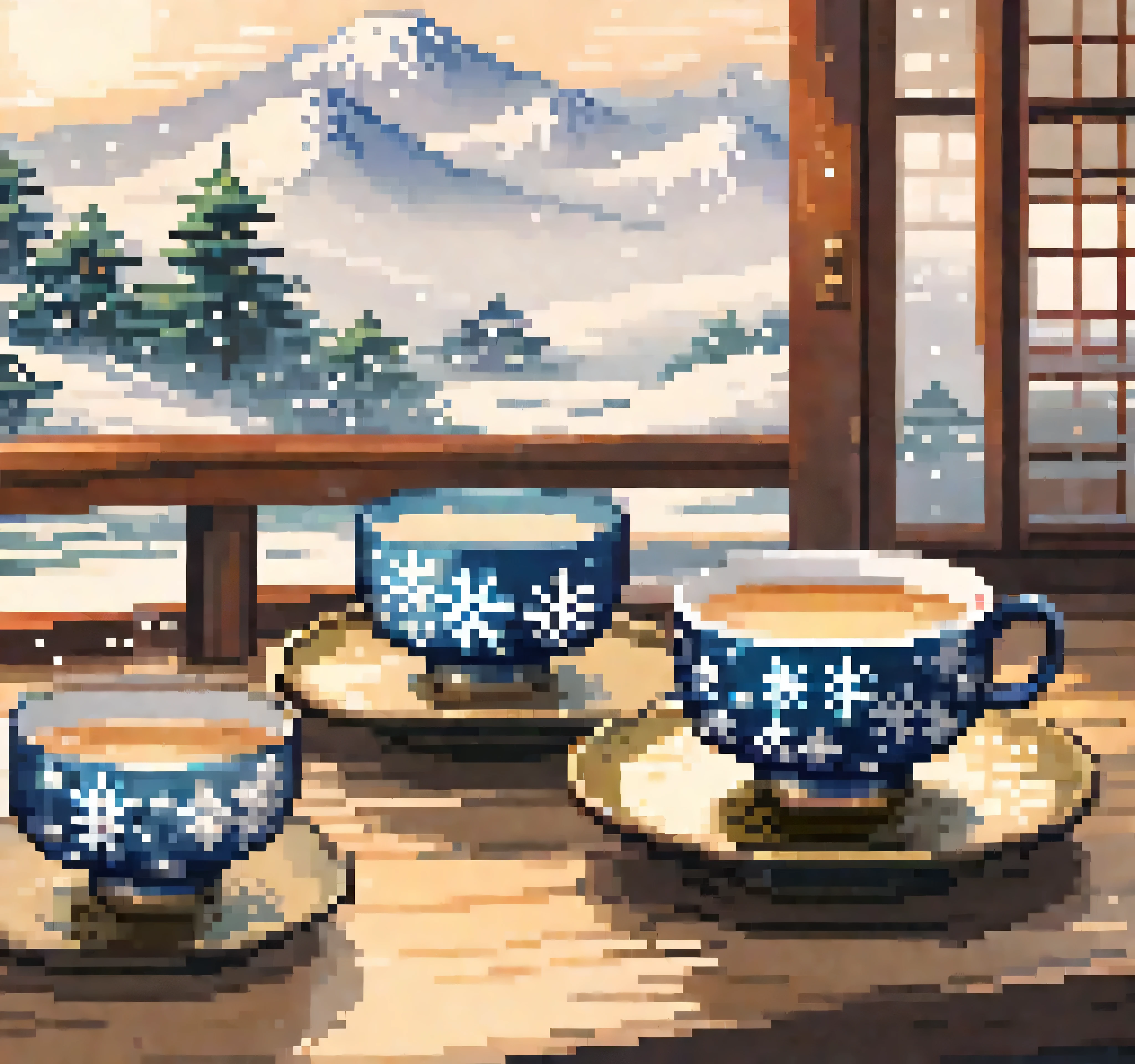 Japanese teacup, teacup with a snowflake pattern, hot springs mark, healing illustrations, no other warm, cute people, Japanese background, Japanese style Teacup without a handle