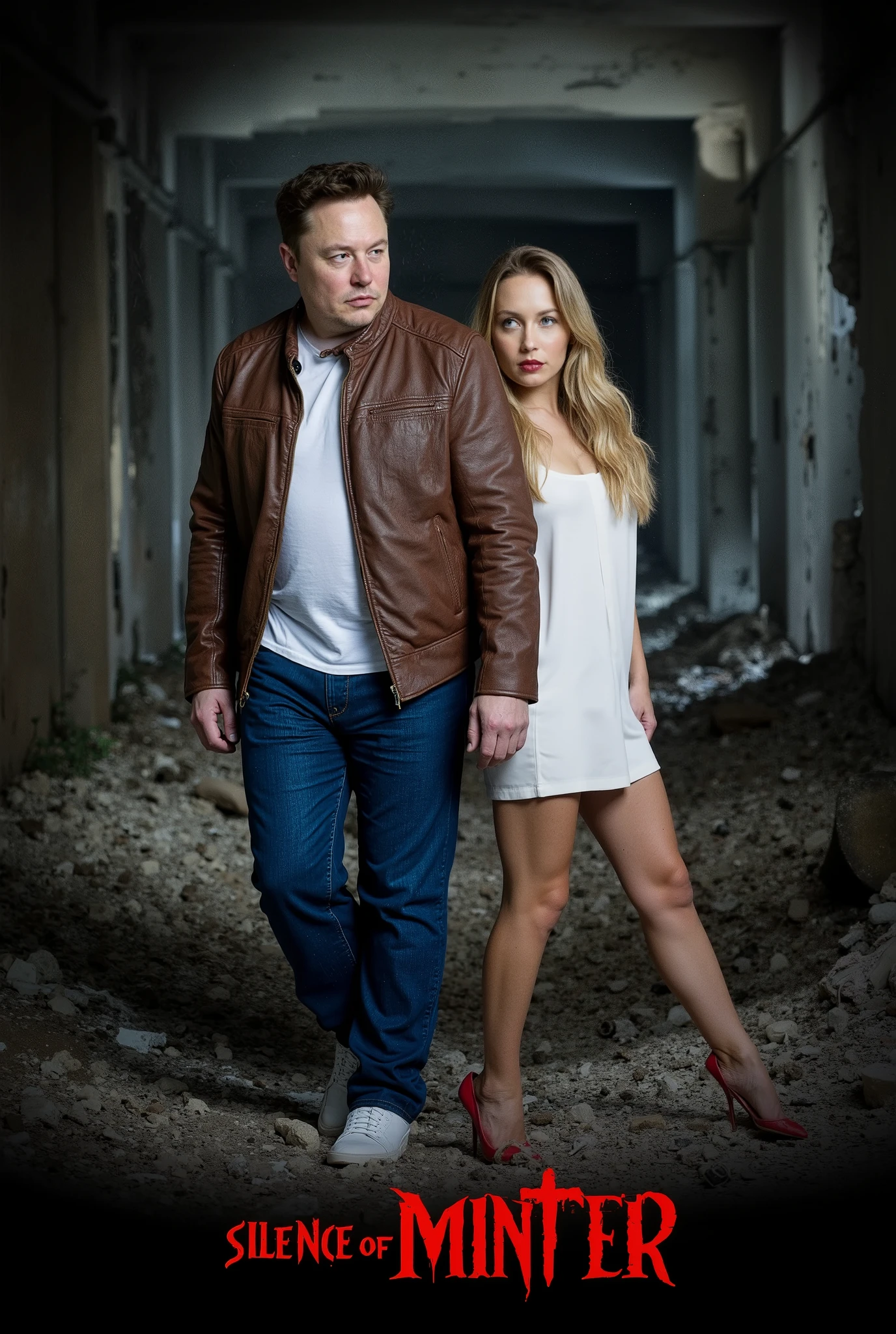 Cinema Poster, Writing red Gothic letter " Silence of Monster" at the bottom screen, Front view ,1 man and 1 woman , 1 man is ElonMusk of detector and 1 girlfriend , man is 55-age white T shirt and brown leather jumper, blue denim, white shoes, woman is Jessica, model and Actress, 30-age, (White English, Ash blonde hair, long hair, beautiful blew eye, cute lip) , big breasts, big breasts, white mini dress, red hi heal, moody lighting , 2030 years, Bio War in world, in Winston DC break building, masterpiece, Best Quality, high resolution on down
